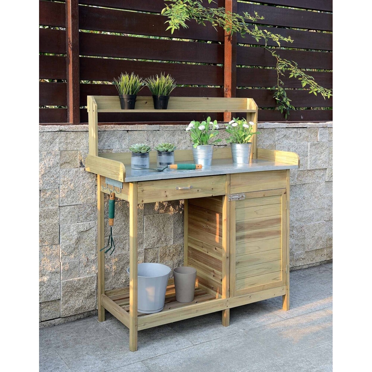 Convenience Concepts Deluxe Potting Bench with Cabinet, Natural Fir