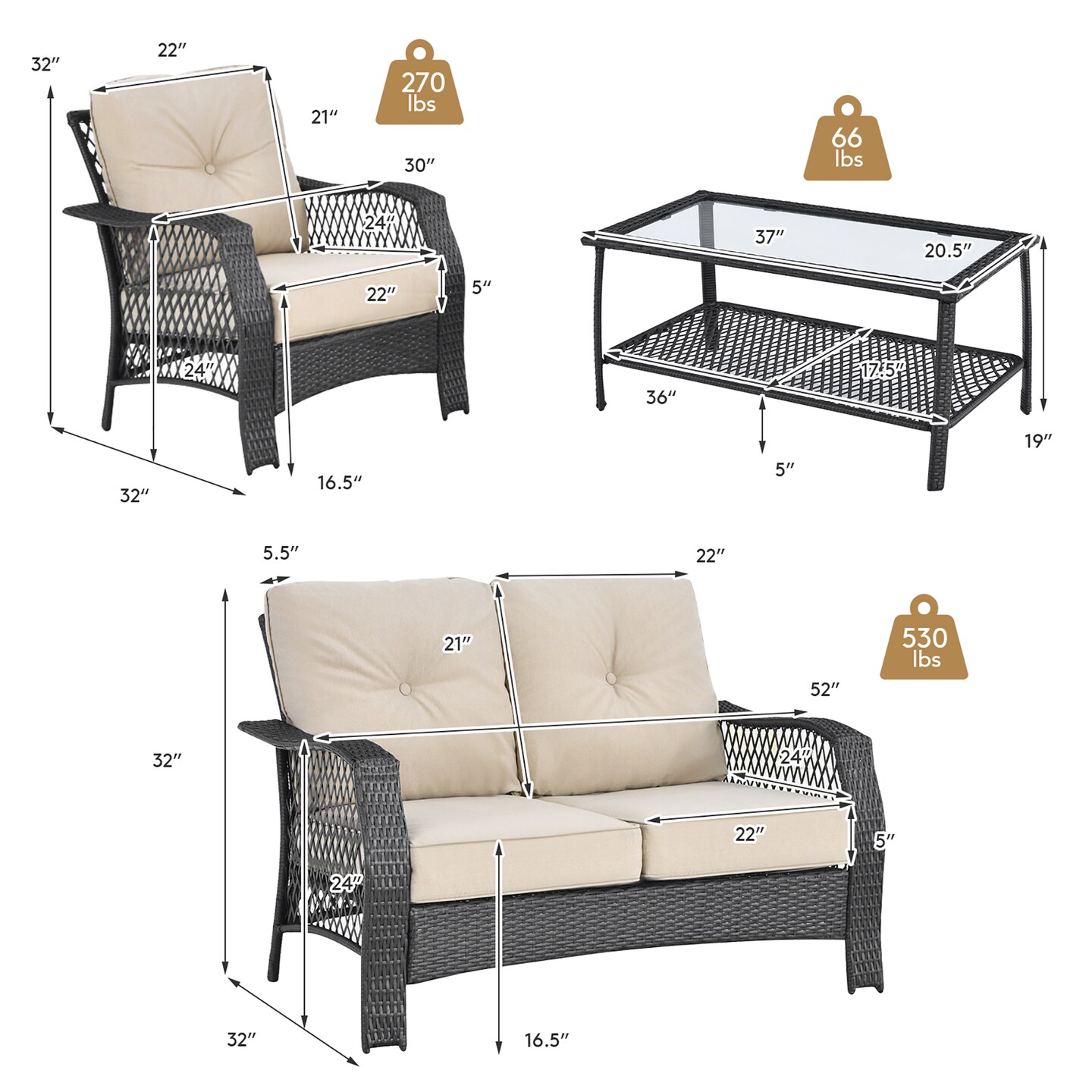 Costway 4PCS Patio Wicker Furniture Set Loveseat Sofa Coffee Table W/ Cushion