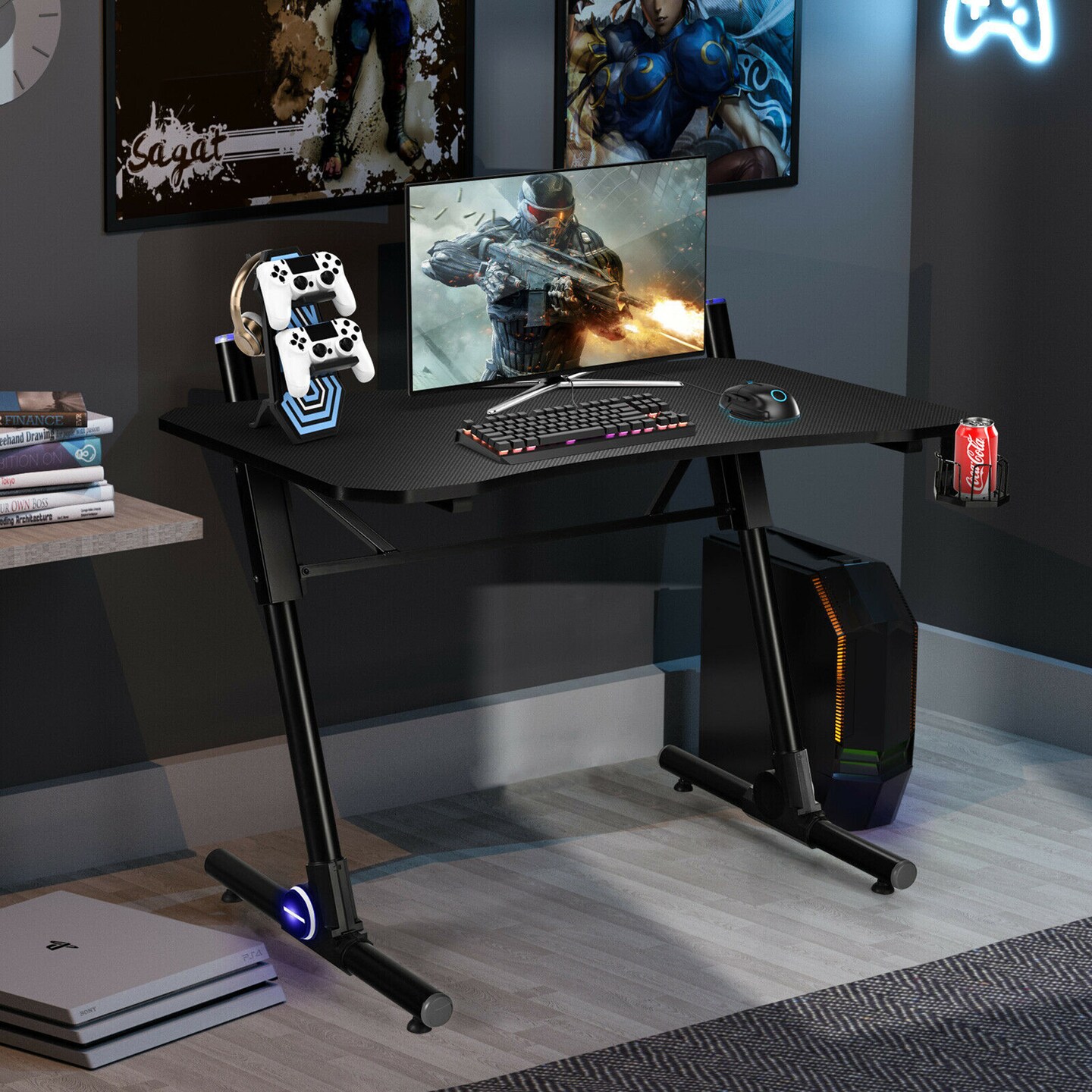 Costway Gaming Computer Desk Height Adjustable w/ LED Light & Gaming Handle Rack
