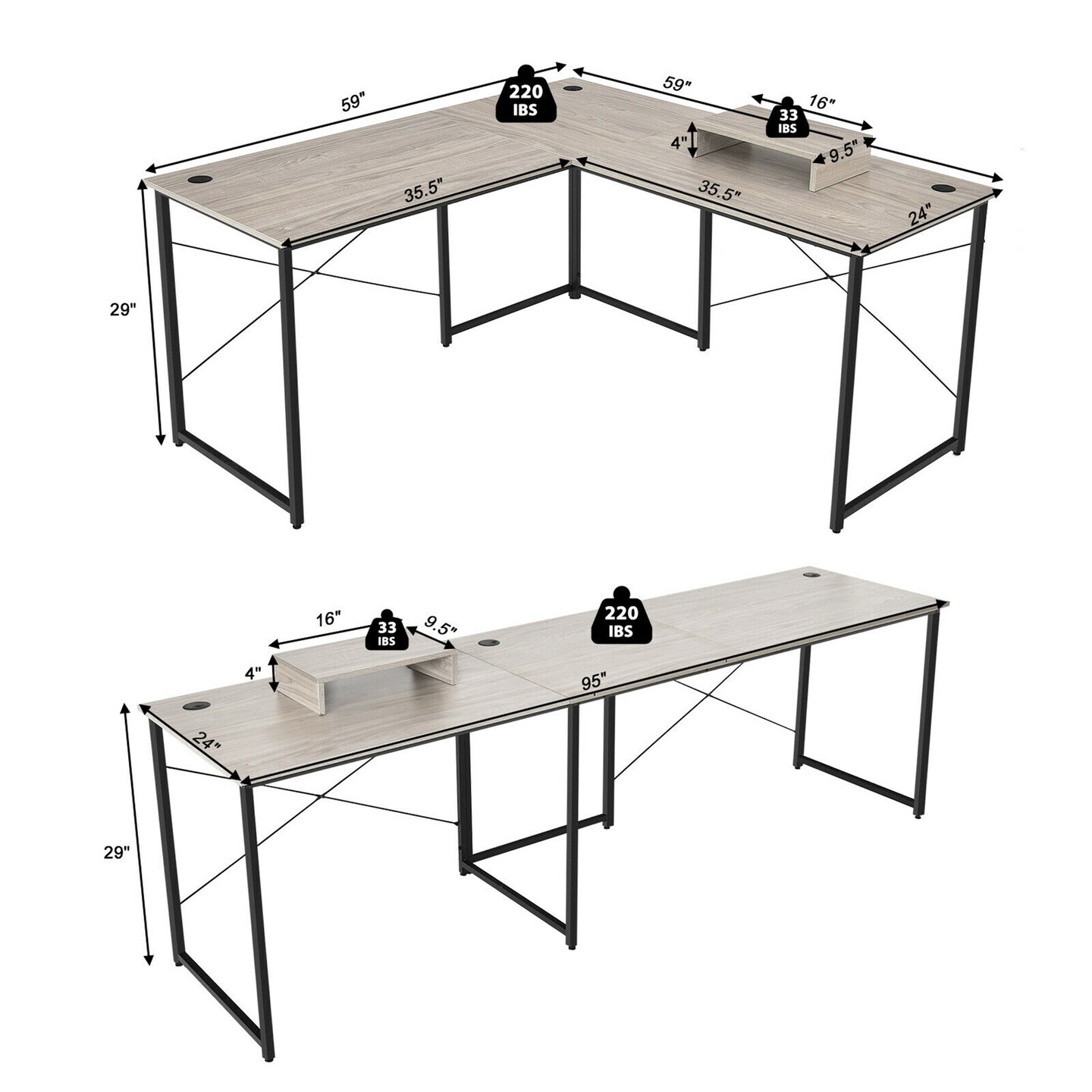 Costway L-Shaped Reversible Computer Desk 2-Person Long Table w/Monitor Stand