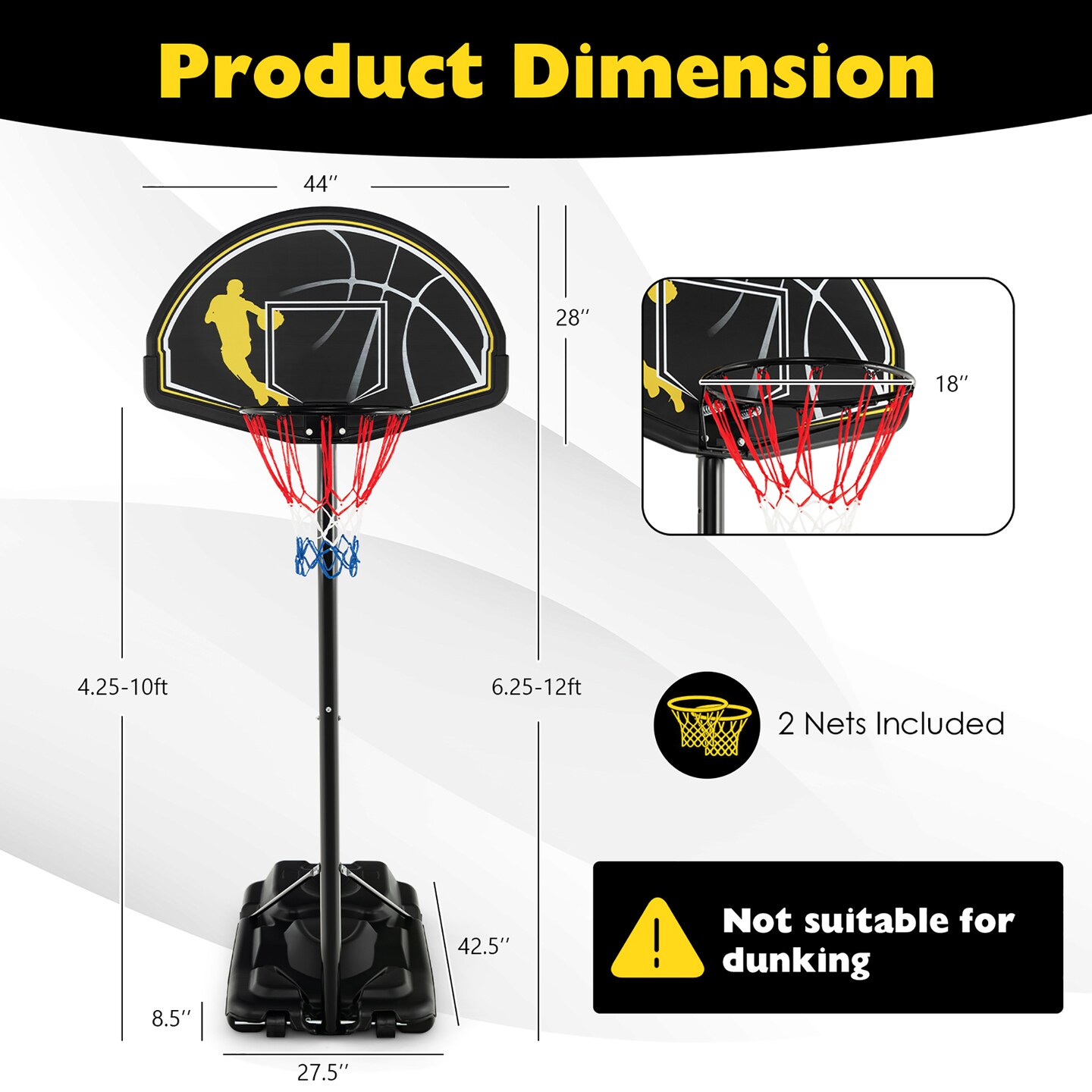 Costway 4.25-10FT Portable Adjustable Basketball Goal Hoop System with 2 Nets Fillable Base