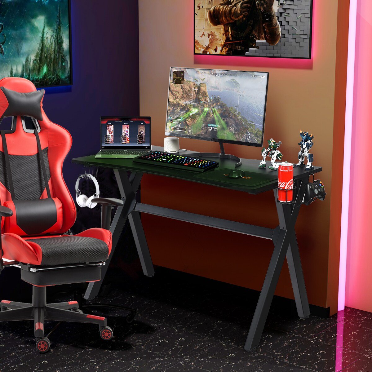 Costway Gaming Desk Computer Desk Table w/Cup Holder &#x26; Headphone Hook Gamer Workstation