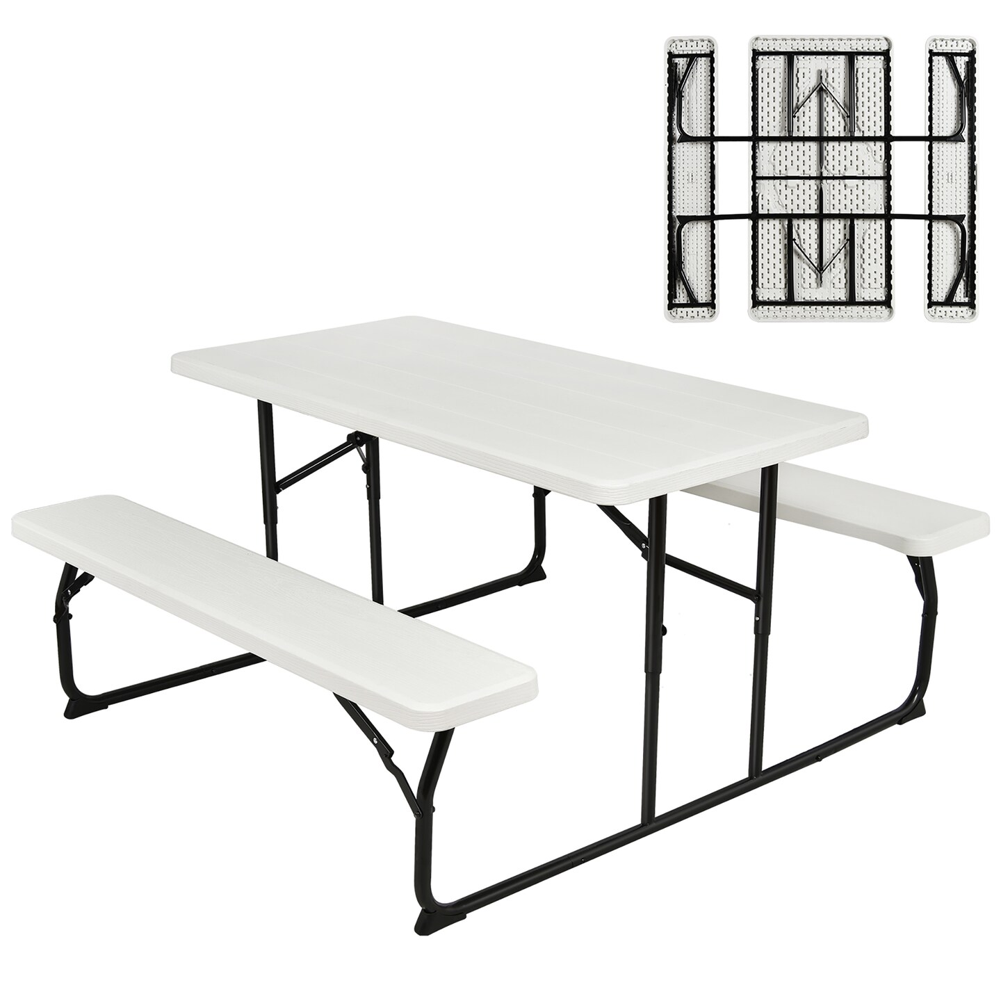 Costway Folding Picnic Table & Bench Set for Camping BBQ w/ Steel Frame White/Balck