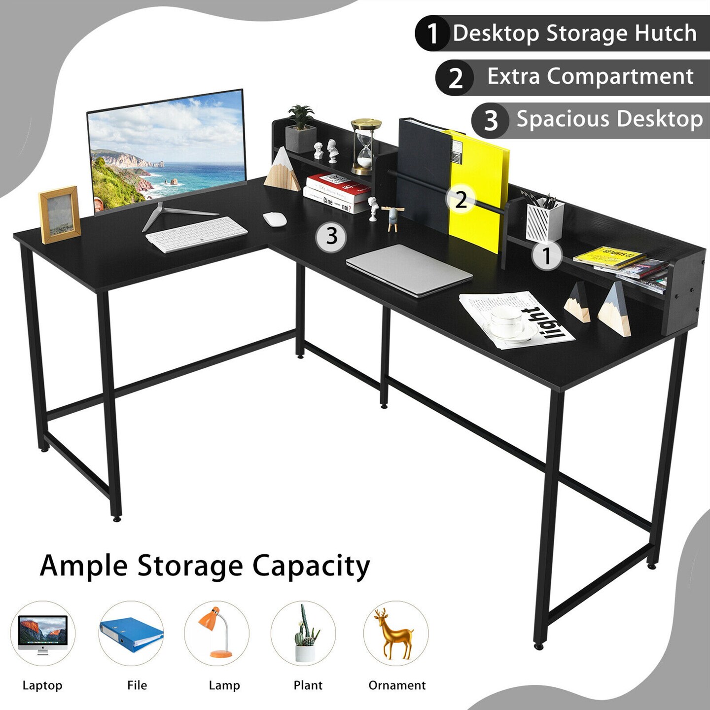 Costway 65.5&#x27;&#x27; L-shaped Computer Desk Home Office Corner Table w/Bookshelf