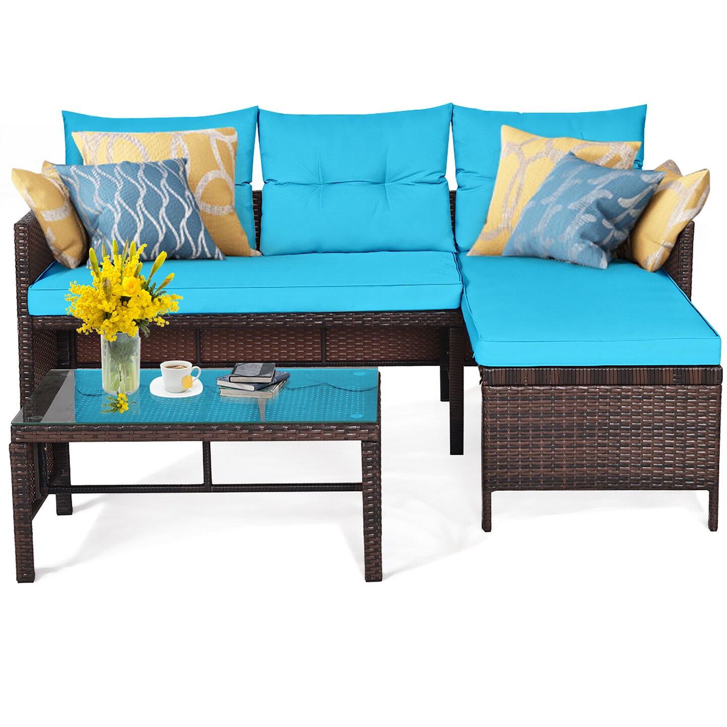 Costway 3PCS Patio Wicker Rattan Sofa Set Outdoor Sectional Conversation Set