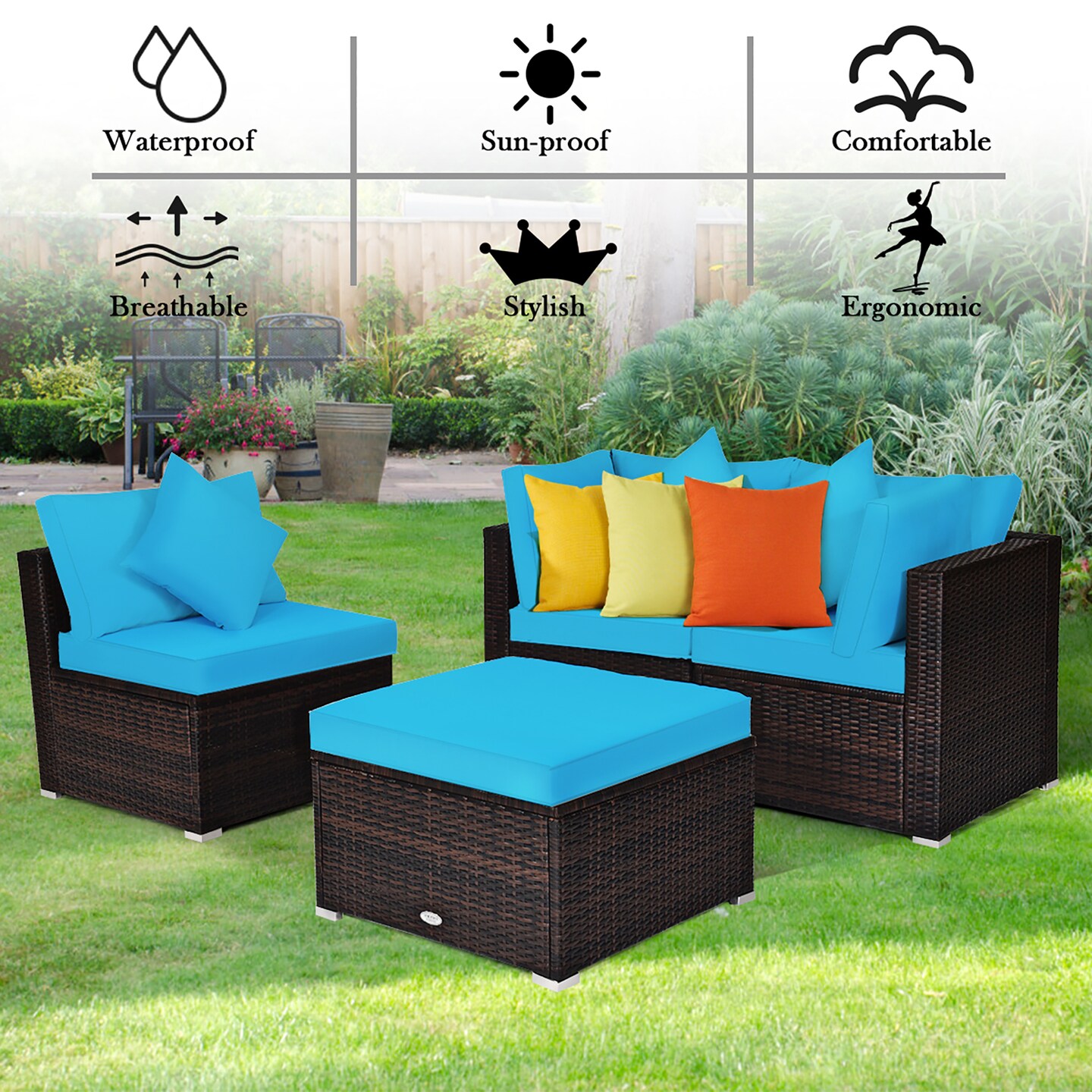 Costway 4PCS Patio Rattan Wicker Furniture Set Cushioned Sofa Ottoman Garden Turquoise\Red