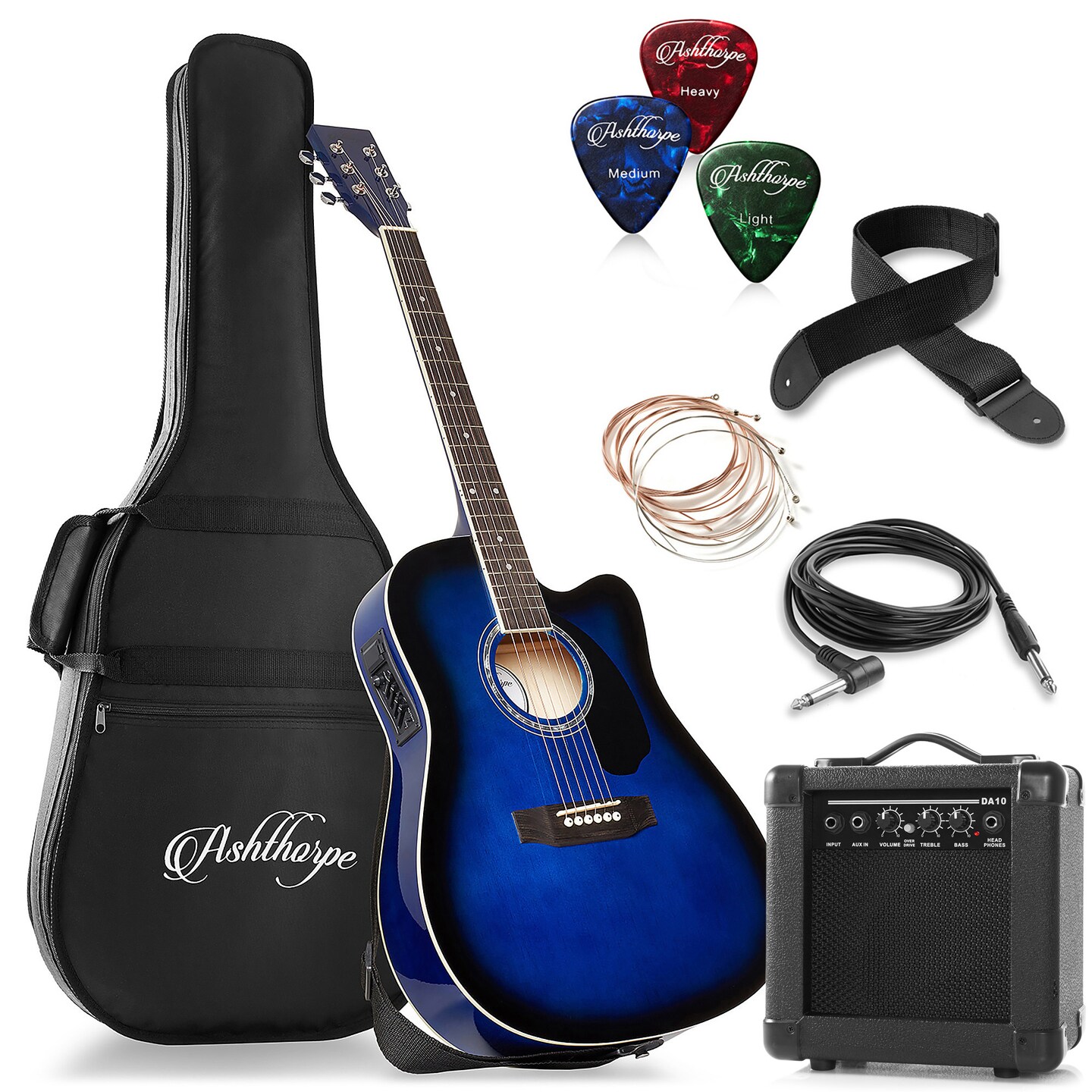 Ashthorpe Full-Size Thinline Cutaway Acoustic Electric Guitar Package with 10 Watt Amp