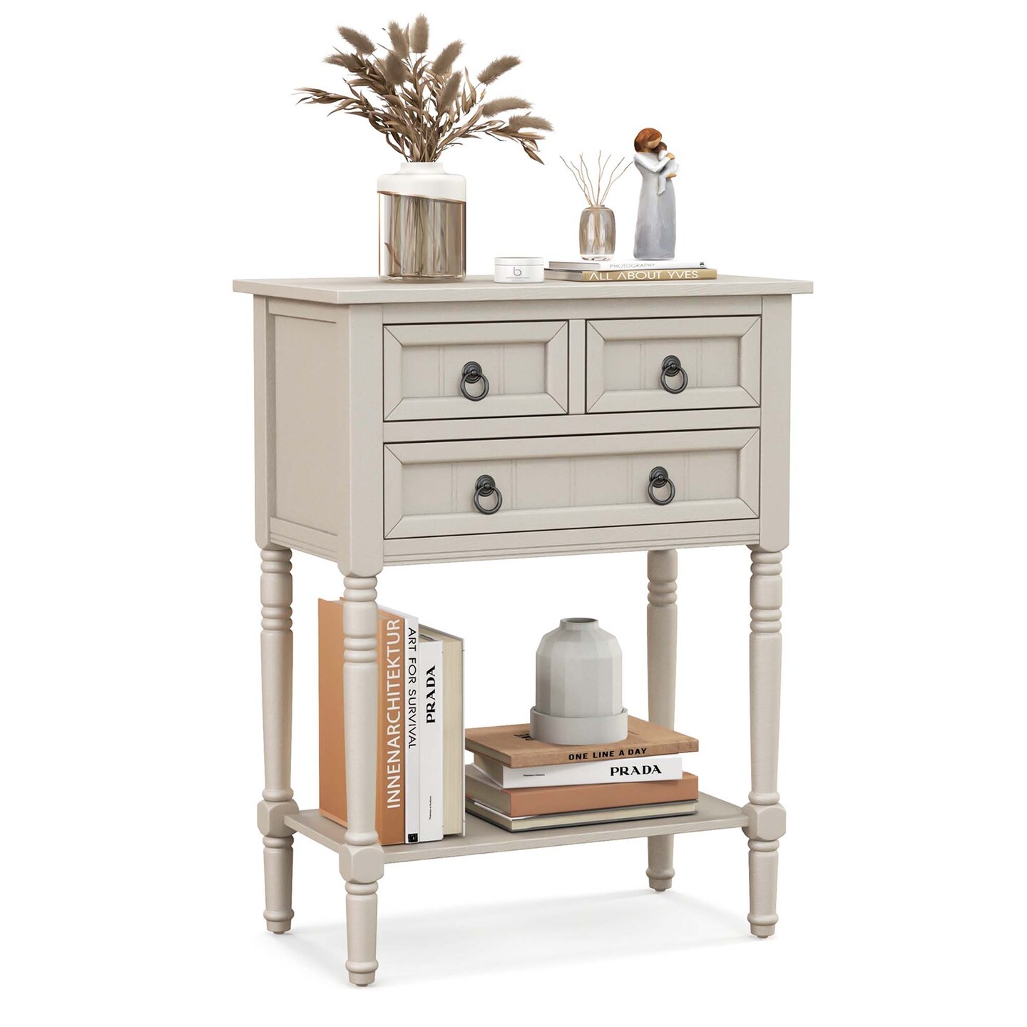 Costway Console Entryway Table with 3 Drawers Open Shelf for Hallway Living Room Beige
