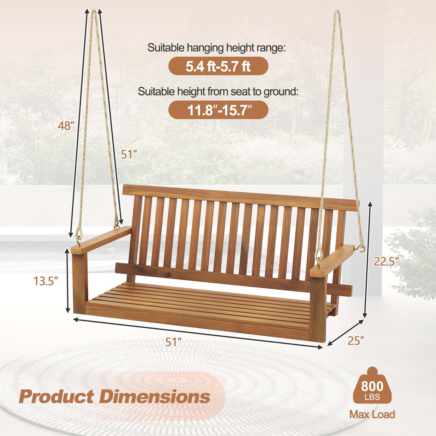 Costway 2-Seat Porch Swing Bench Acacia Wood Chair with 2 Hanging Hemp Ropes for Backyard