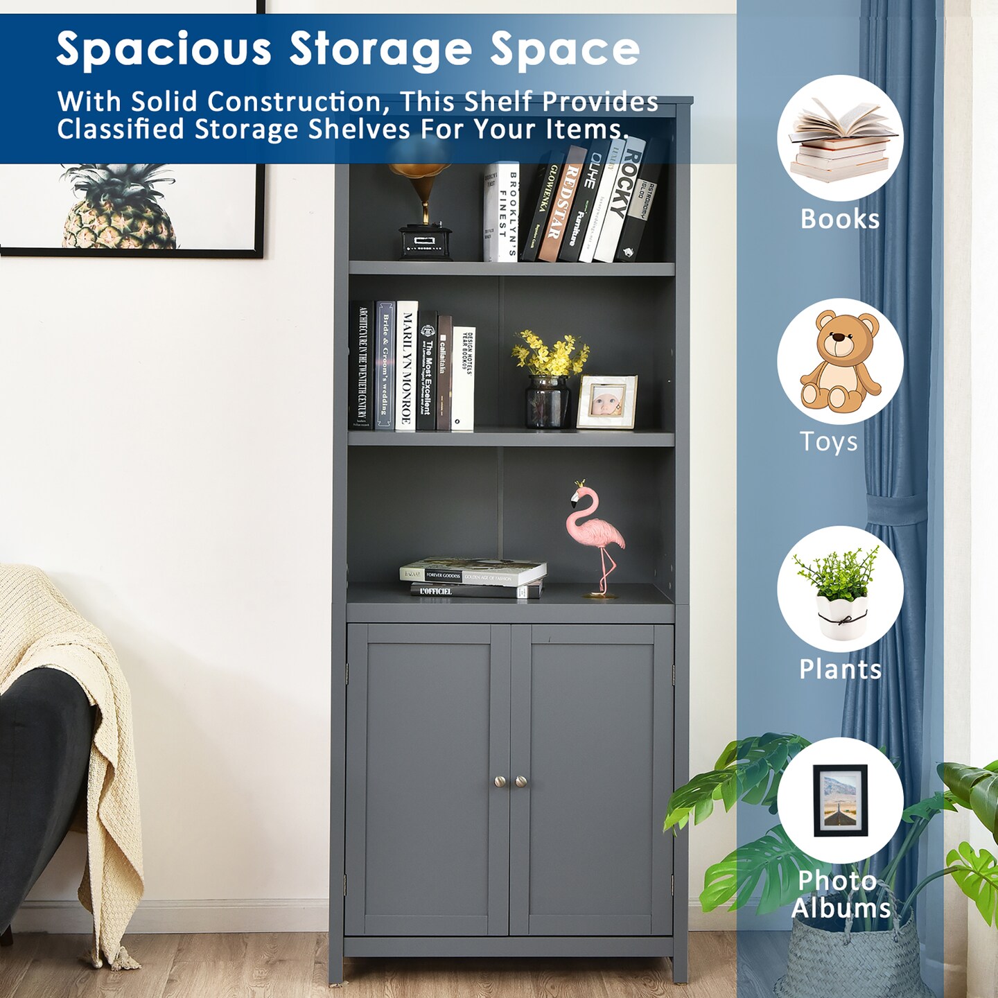 Costway Bookcase Shelving Storage Wooden Cabinet Unit Standing Bookcase W/Doors Gray