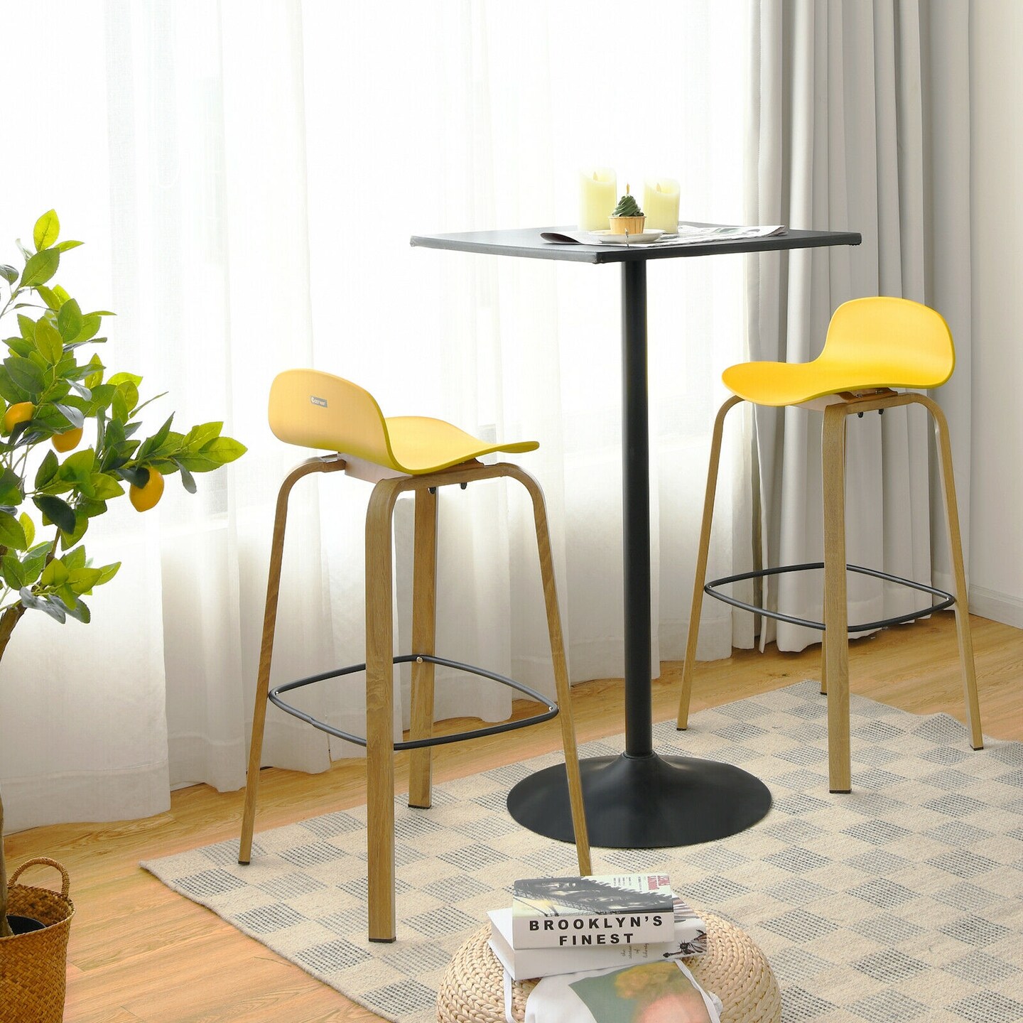 Set of 2 Modern Pub Barstools with Ergonomic Low Back and Iron Frame Footrest