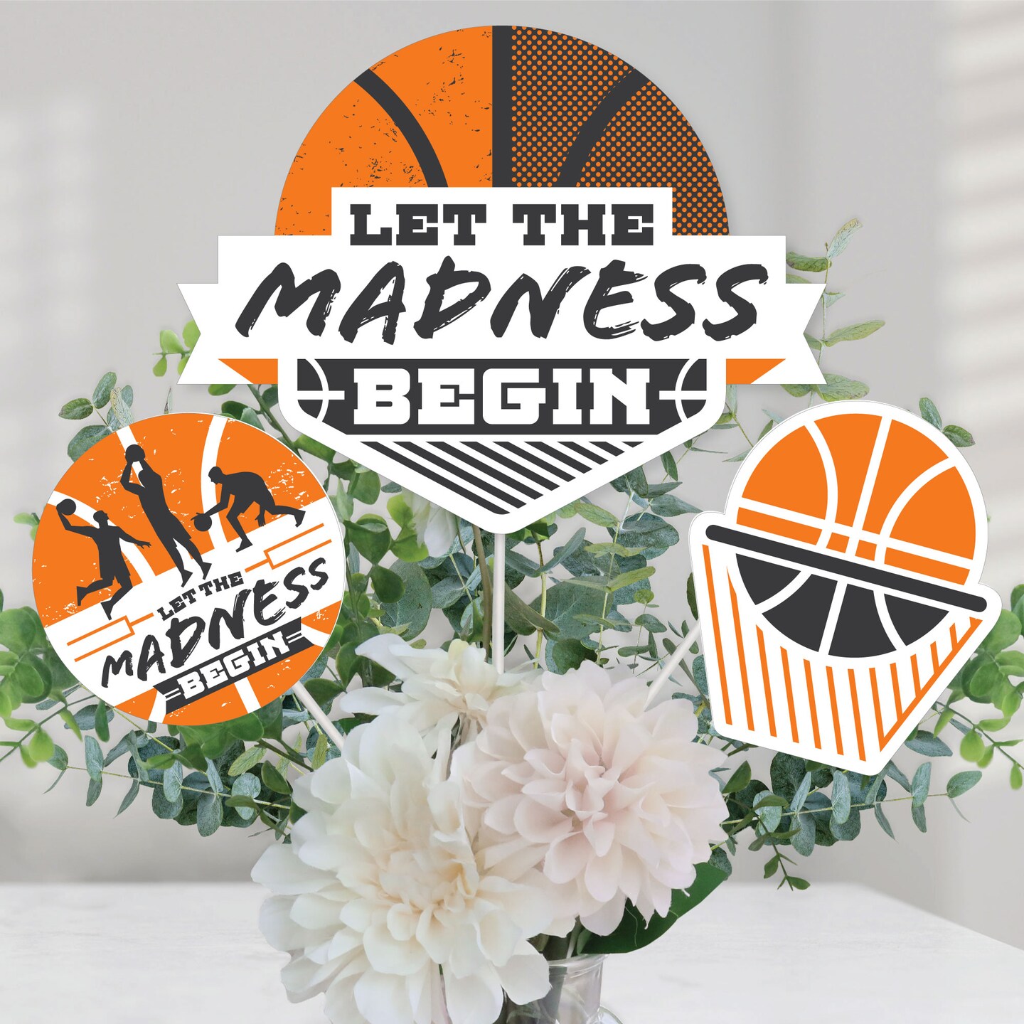 Big Dot of Happiness Basketball - Let The Madness Begin - College Basketball Party Centerpiece Sticks - Table Toppers - Set of 15