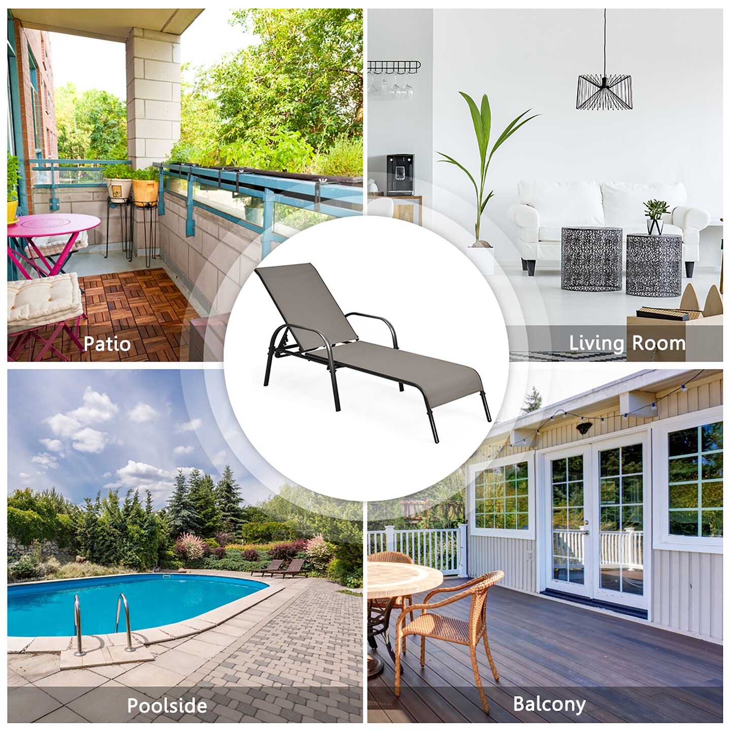 Costway Patio Lounge Chair Chaise Adjustable Reclining Armrest Navy/Brown/Grey