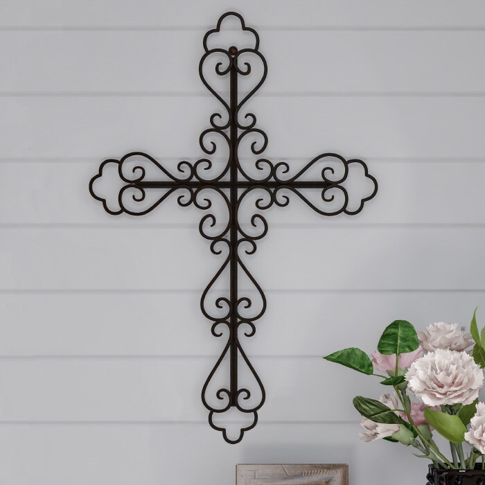 Lavish Home Metal Wall Cross with Decorative Fleur De Lis Design- Rustic Handcrafted Religious Wall Art for Decor in Living Room, Bedroom