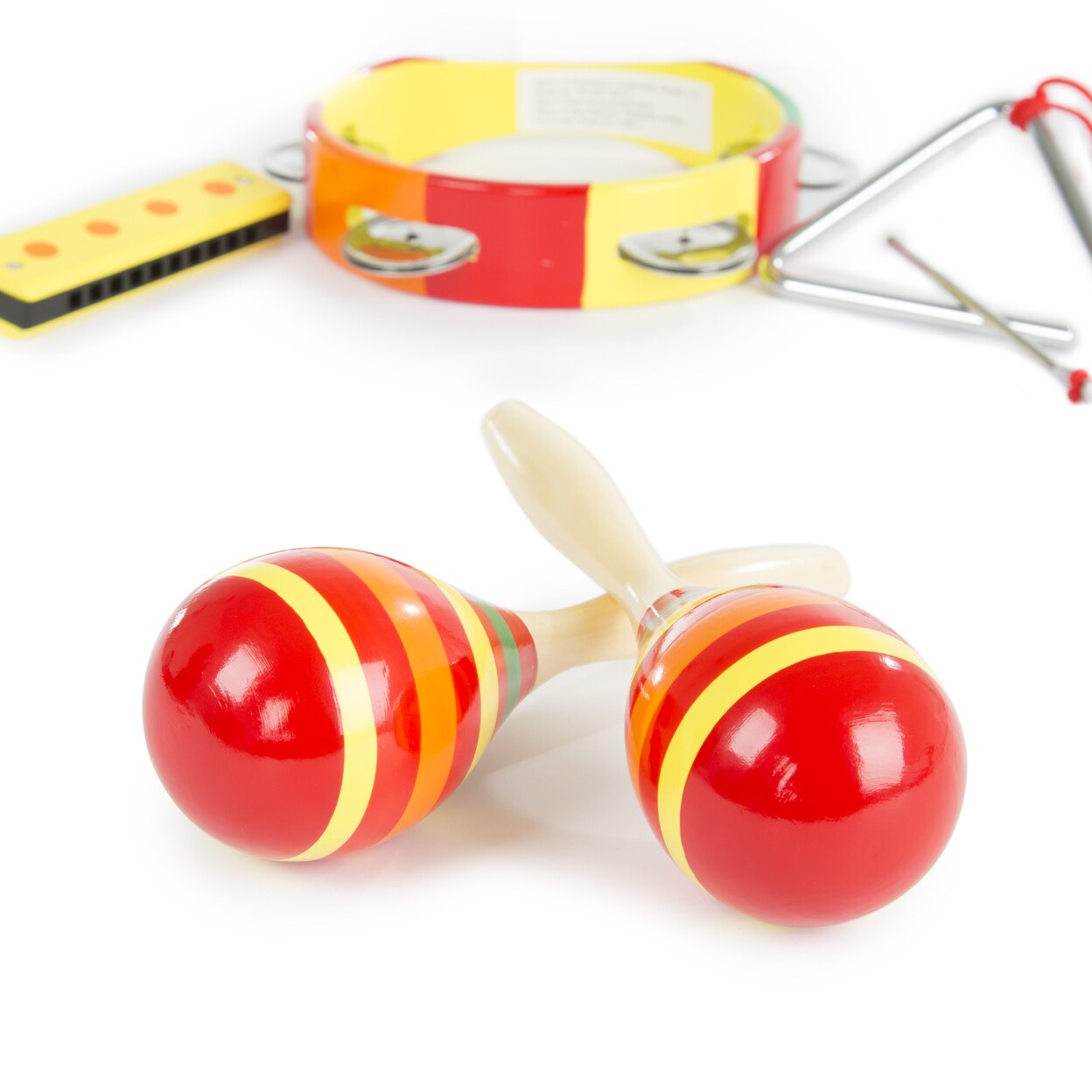 Kids Percussion Instrument Toy Set 4 Pieces Maracas Harmonica Tambourine Triangle