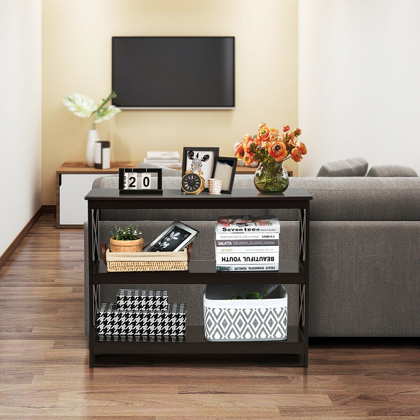 Costway 3-Tier Console Table x-Design Bookshelf Sofa Side Accent Table w/Shelf Espresso\Black