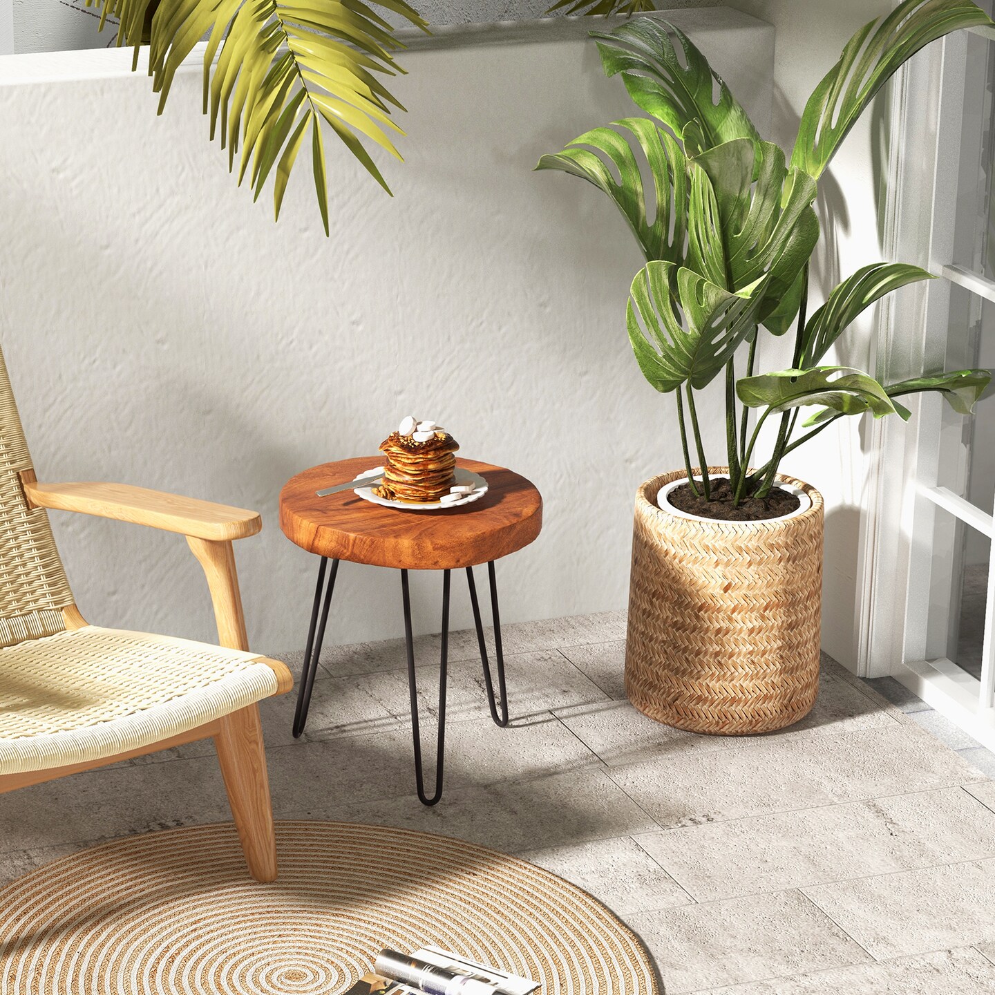 Costway Round End Table Accent Side Table Reclaimed Indonesia Teak Wood Plant Stand Patio Rustic