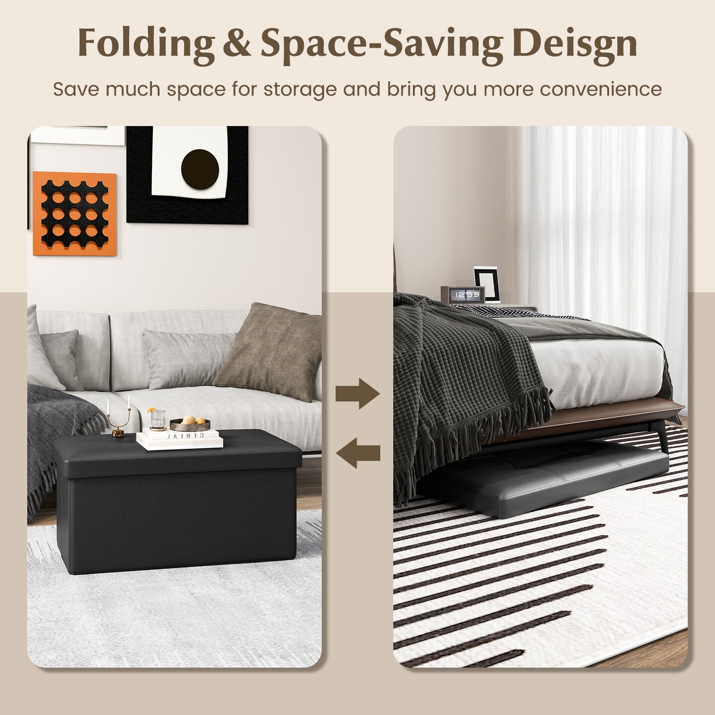 Costway Folding Storage Ottoman Upholstered Rectangle Footstool PVC Leather 22.5 Gallon Black/Brown/White