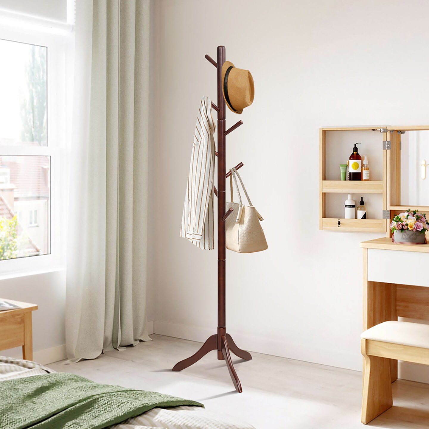 Costway Wooden Coat Rack Stand Entryway Hall Tree 2 Adjustable Height w/ 8 Hooks Gray\Brown