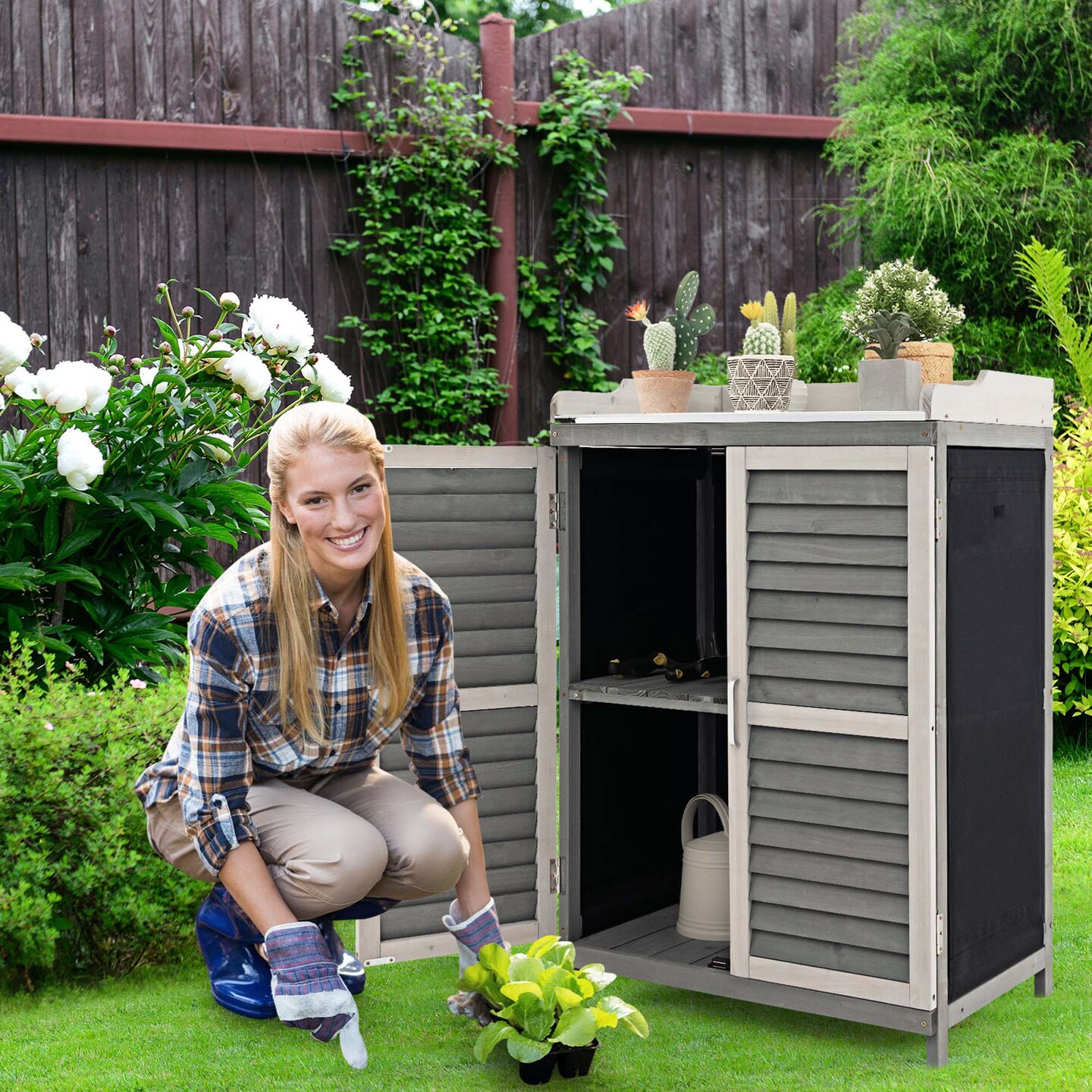 Costway Outdoor Potting Bench Table, Garden Storage Cabinet with Metal Tabletop