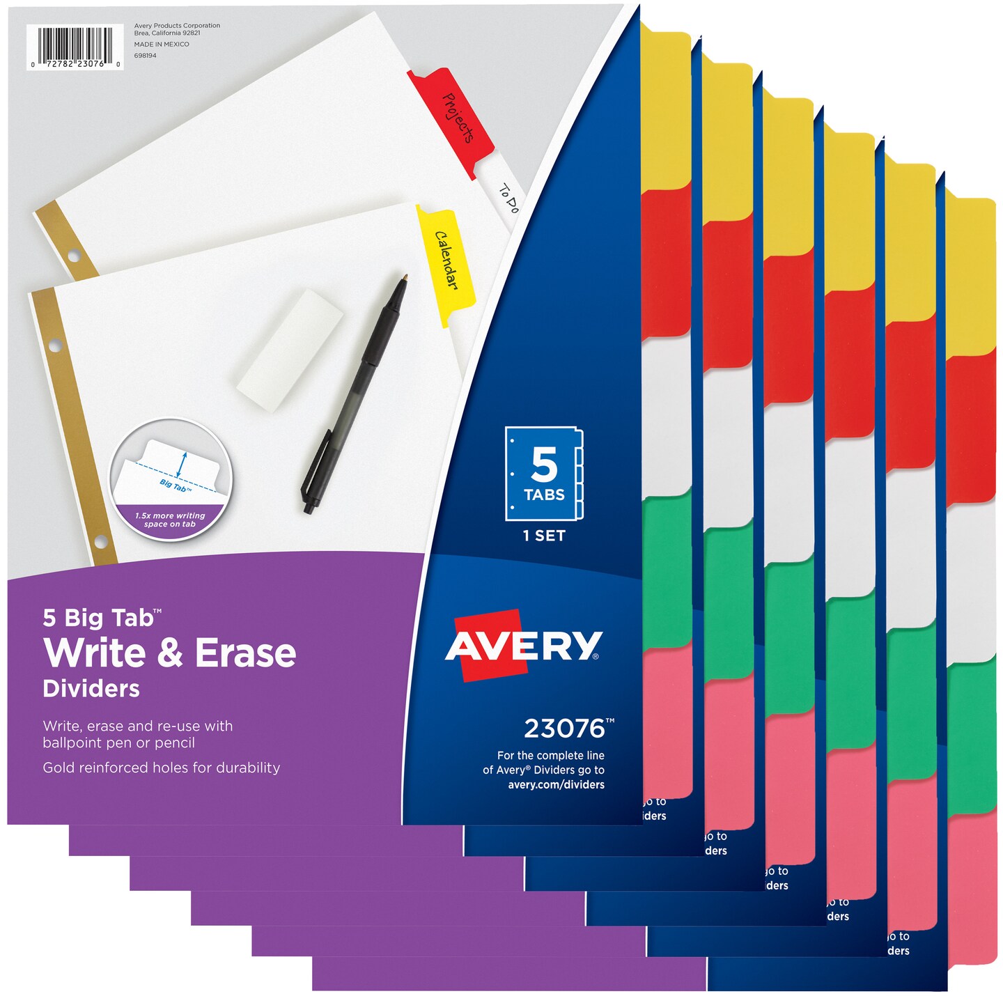 Avery 5-Tab Binder Dividers, Write &#x26; Erase Dividers, 5 Multicolor Big Tabs, 6 Sets (73076)