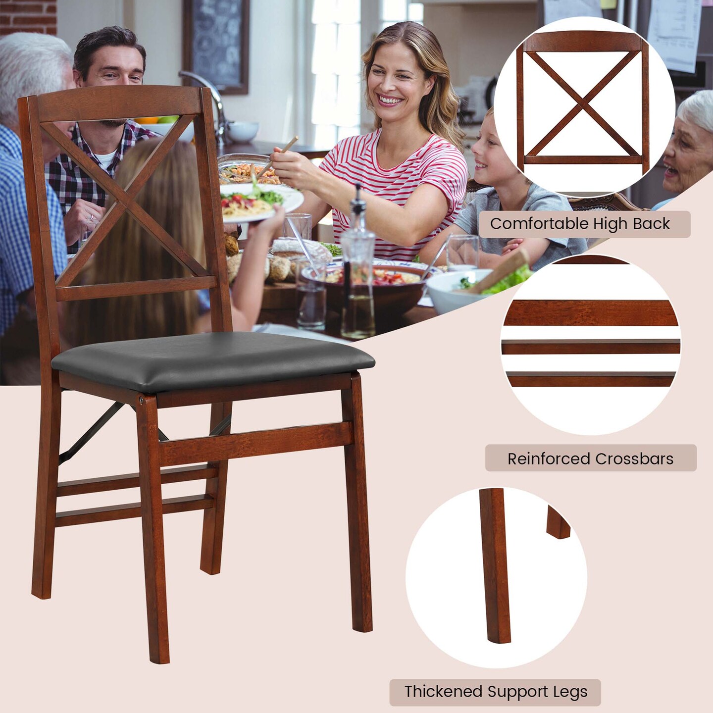 Costway 2 Pack Folding Dining Chairs Foldable Chairs with PVC Padded Seat &#x26; High Backrest