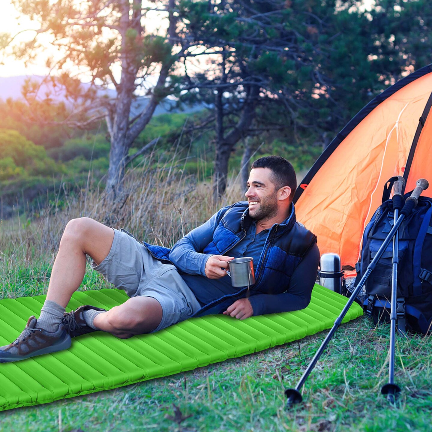 Goplus 3 Inch Inflatable Camping Sleeping Pad Waterproof &#x26; Comfortable Sleeping Mat Blue/Green