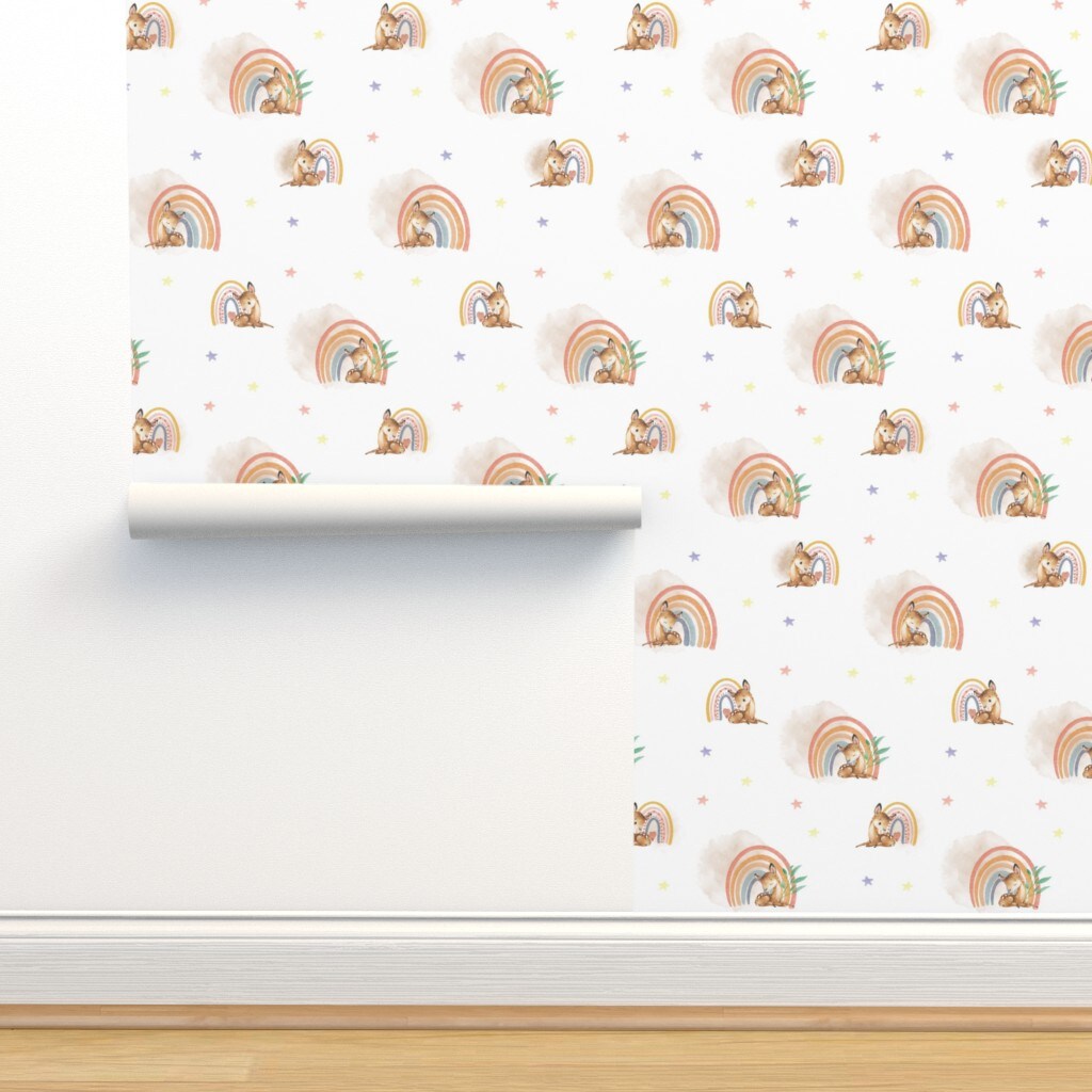 Woodland Baby Cute Fawn Watercolor Rainbow Kids Forest Deer Animals Custom Pre-pasted Wallpaper by Spoonflower Pre-Pasted Wallpaper 2FT Wide
