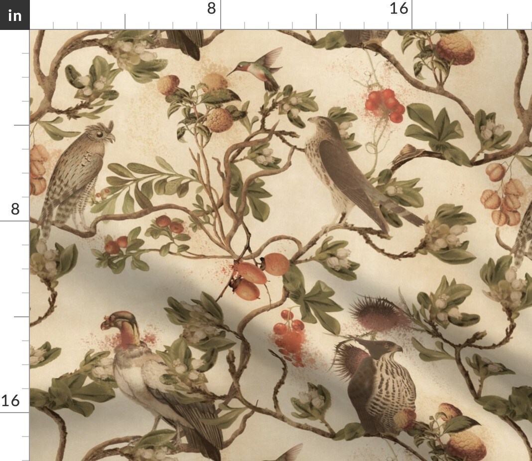 Vintage Birds Watercolor Chinoiserie Antiqued Of Prey Sepia Green Tan Botanical Custom Printed Fabric by Spoonflower Various Fabrics by the Yard or Fat Quarter