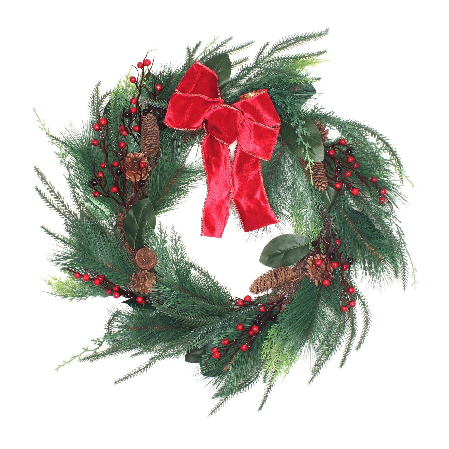 26&#x22; Christmas Mixed Pine Wreath with Red Bow
