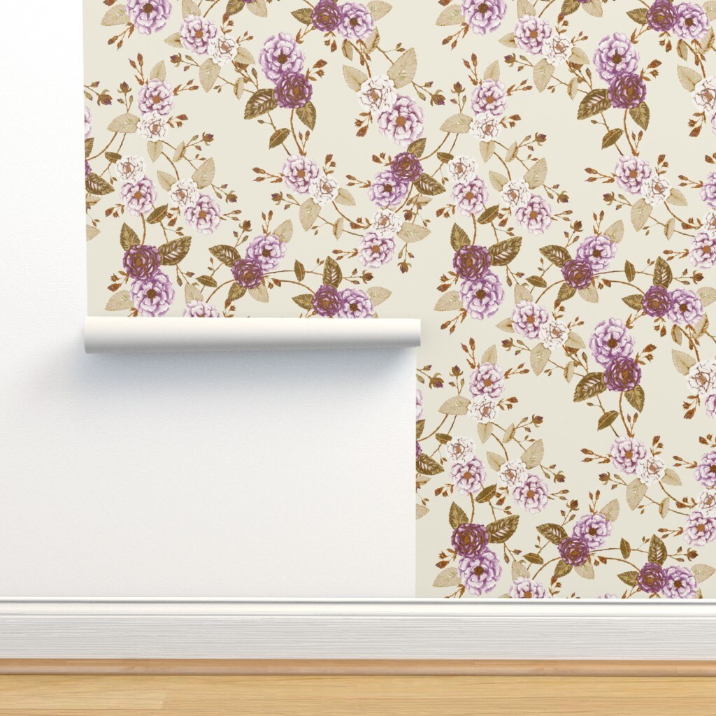 Vintage Boho Floral Violet Cream Large Scale Bohemian Flowers Romantic Antique Custom Removable Wallpaper by Spoonflower Peel & Stick Wallpaper 2FT Wide