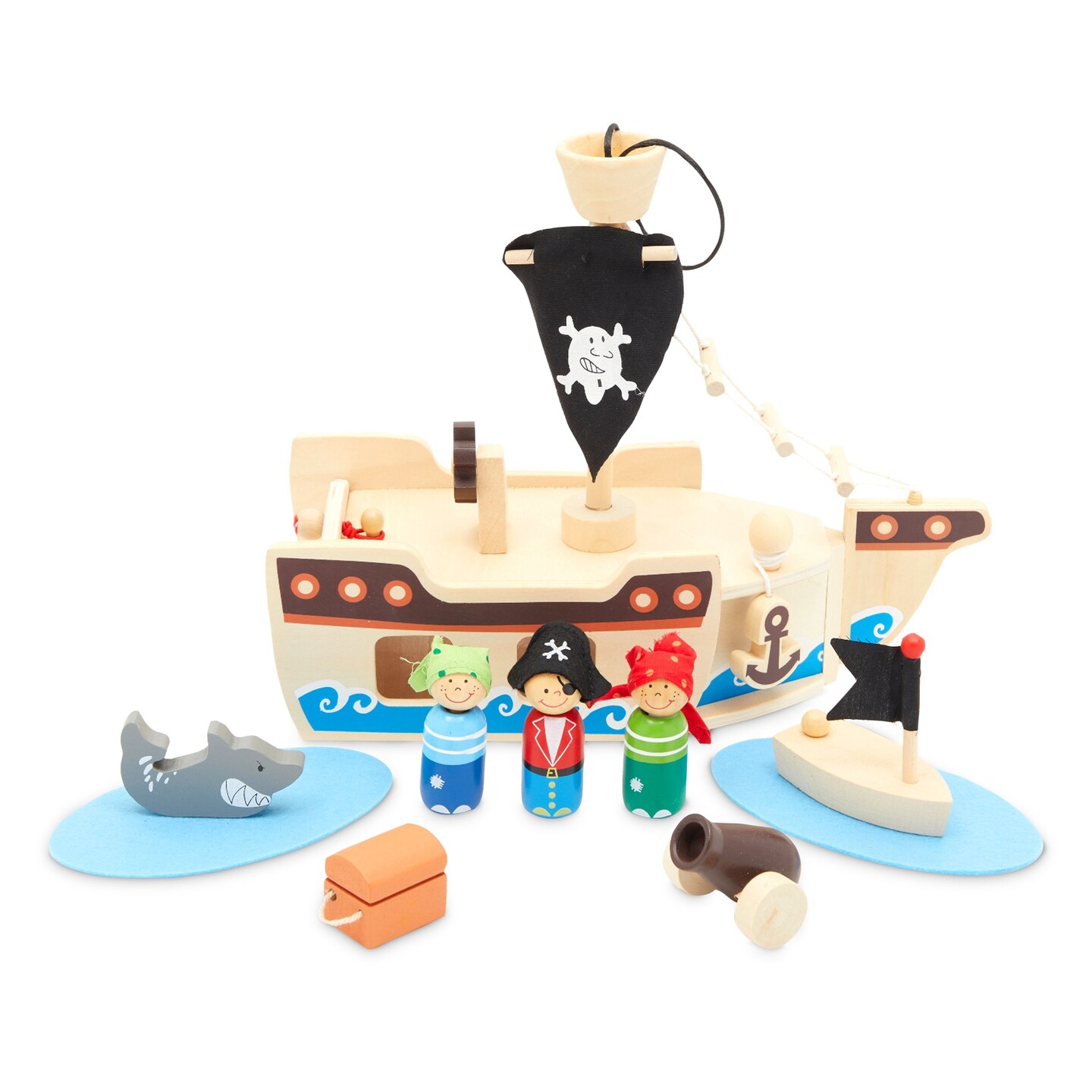 Wooden Pirate Ship for Kids Ages 3-7 - Pirate Toys Playset with Pirate Boat and Shark Figurines (11 Pieces)