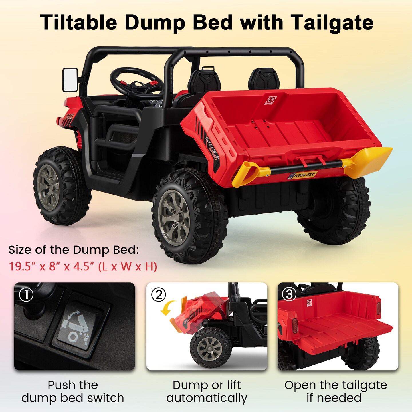 Steel 2-Seater Kids Dump Truck with Remote, Shovel and Off-Road Performance