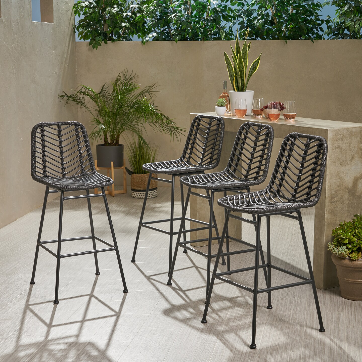 GDFStudio Angela Outdoor Wicker Barstools (Set of 4)