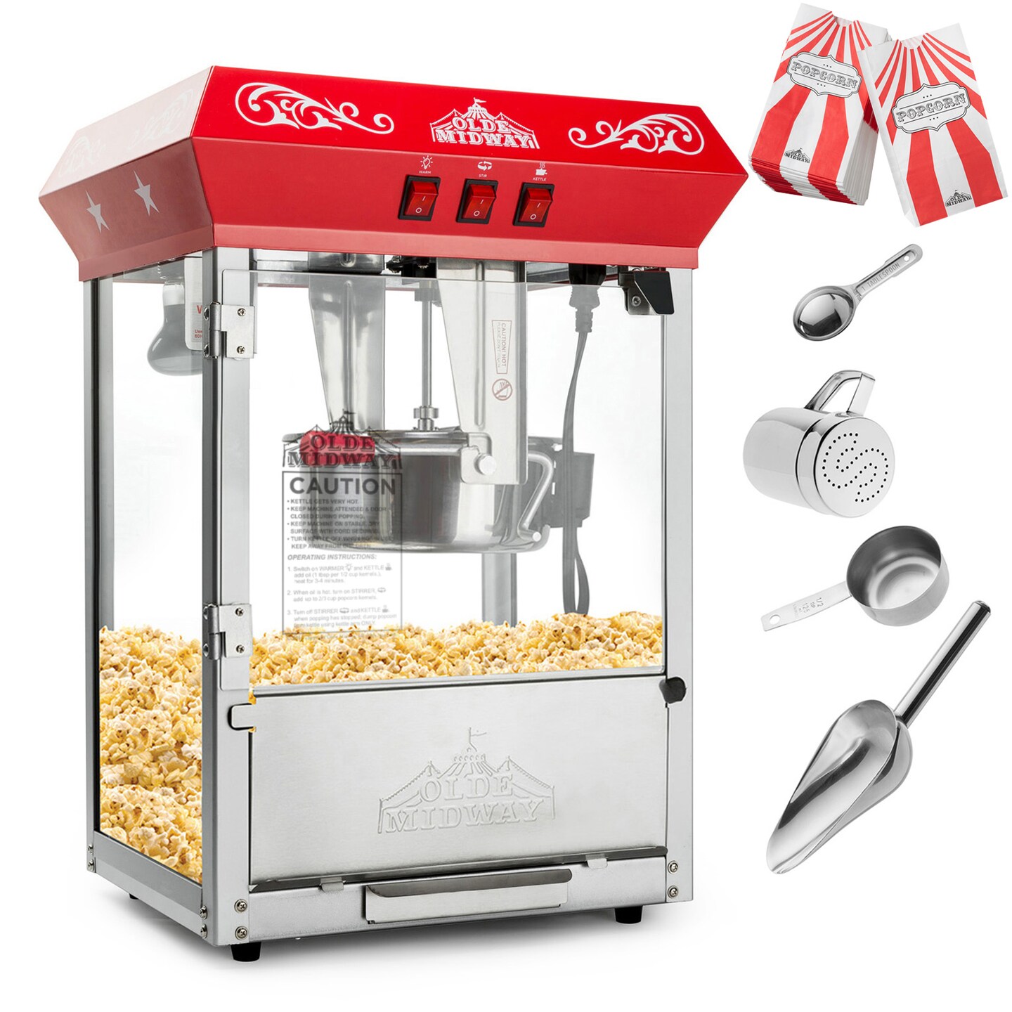 Olde Midway Bar Style Popcorn Machine Maker Popper with 10-Ounce Kettle