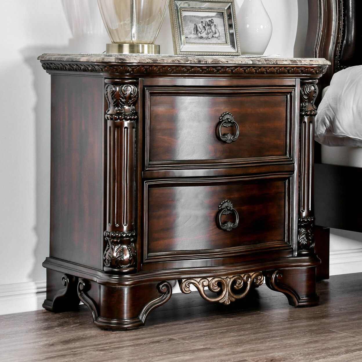 Wooden Nightstand with Two Drawers, Cherry Brown- Saltoro Sherpi 