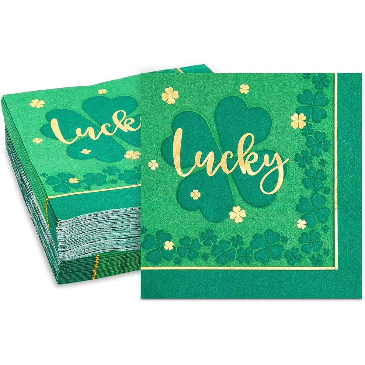 St Patrick&#x27;s Party Napkins, Green Four Leaf Clover-Themed Lucky Design (5 In, 50 Pack)