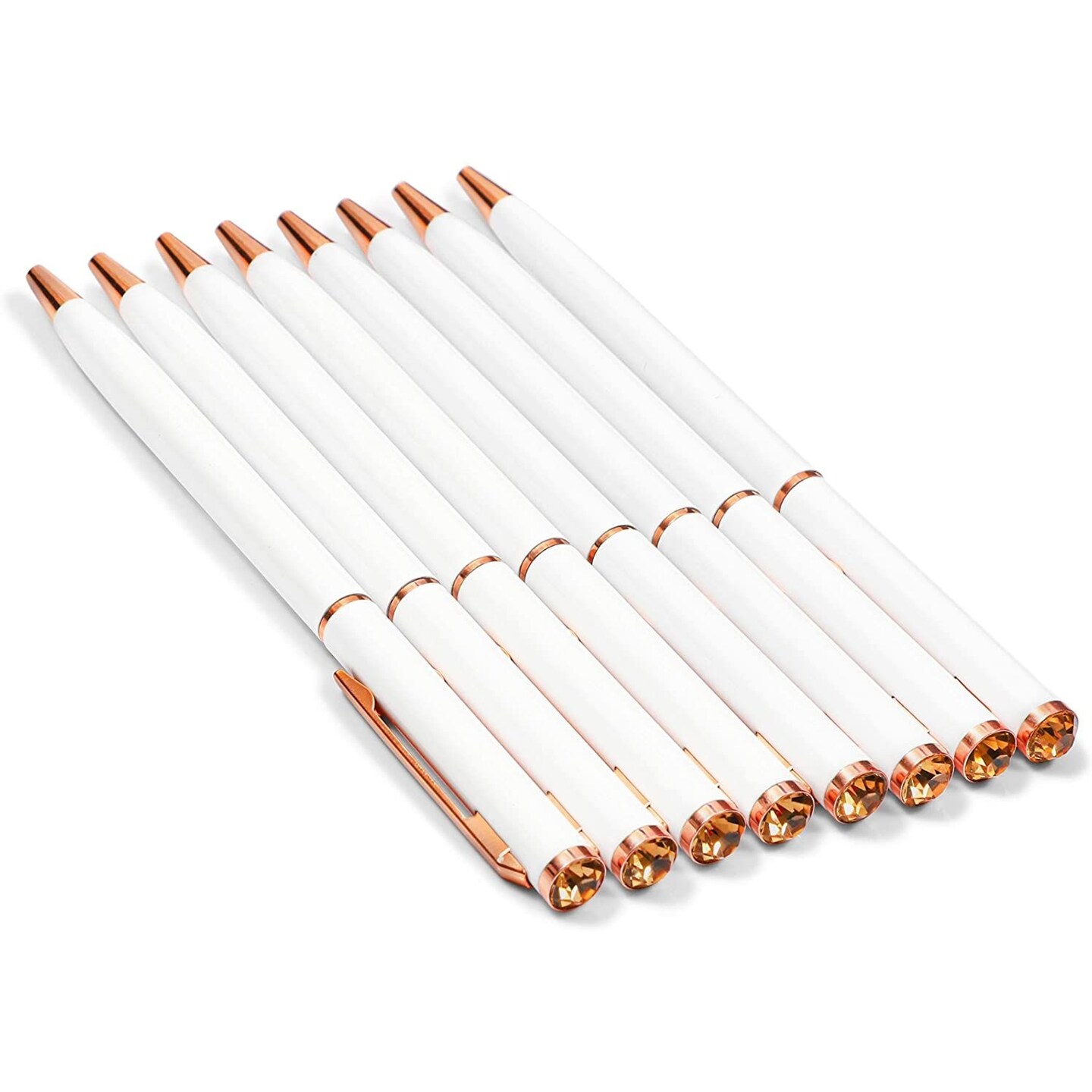 White Ball Point Pens and Rose Gold Gemstone (8-Pack)