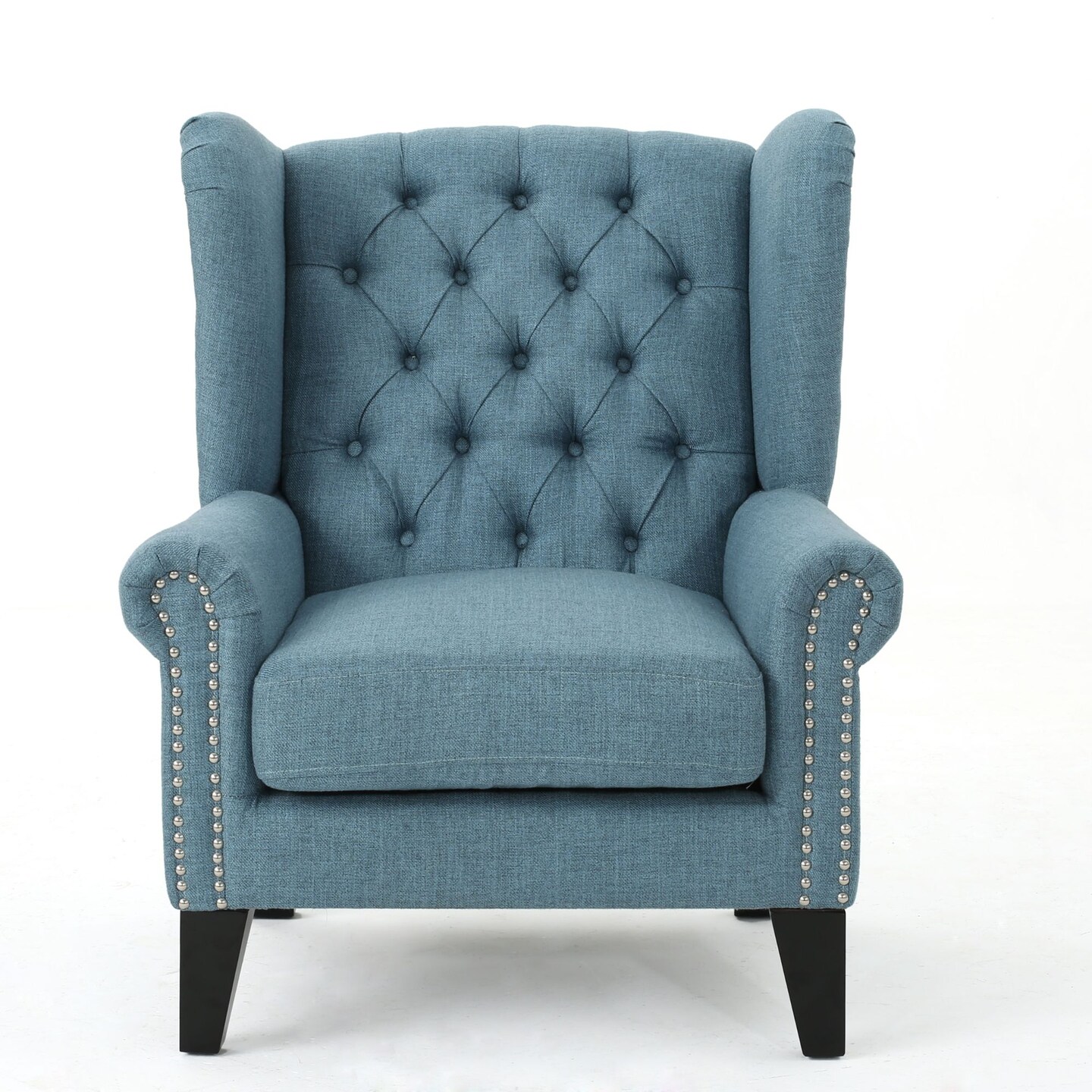 Contemporary Home Living 37.5&#x22; Blue and Brown Traditional Tufted Winged Accent Chair