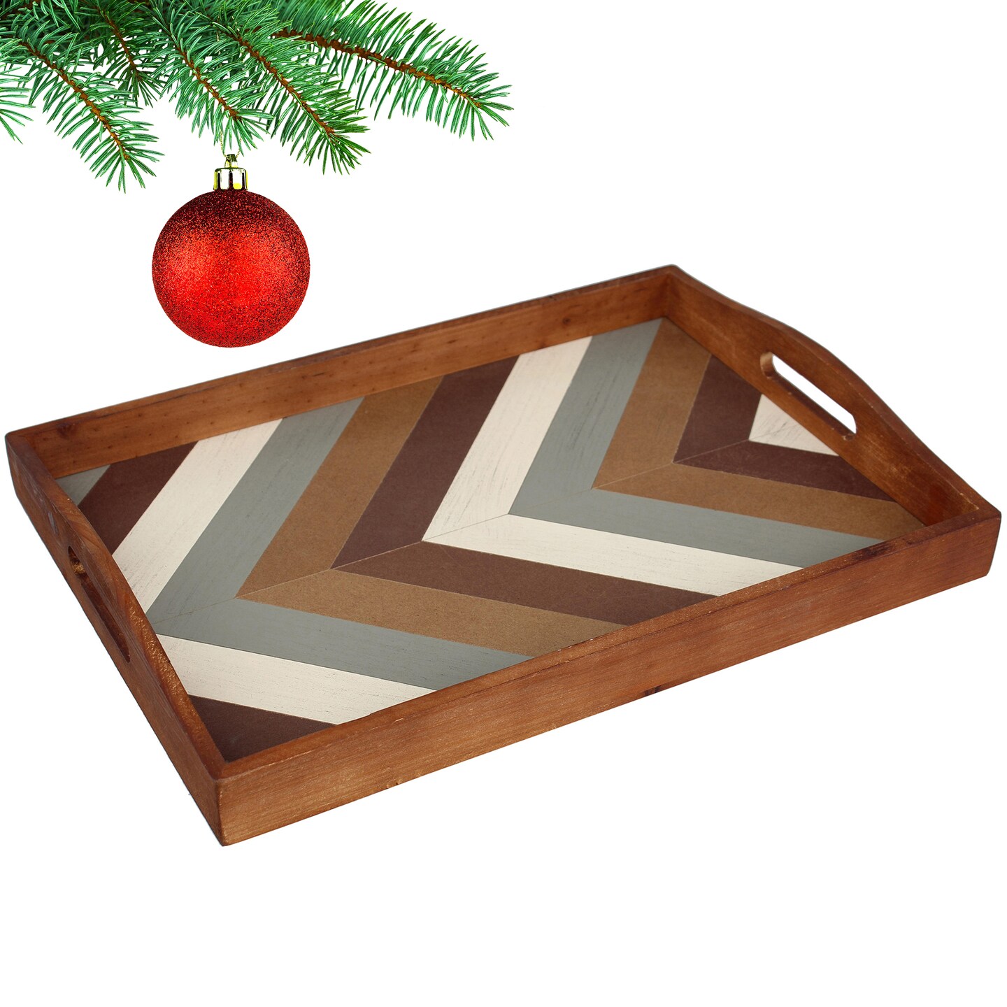 Wood Serving Tray Rectangular - Rustic Brown Multicolored Chevron Design Fir Wood Serving Decorative Coffee Table Tray with Handles Size 16.6 x 12 x 1.5 Inch