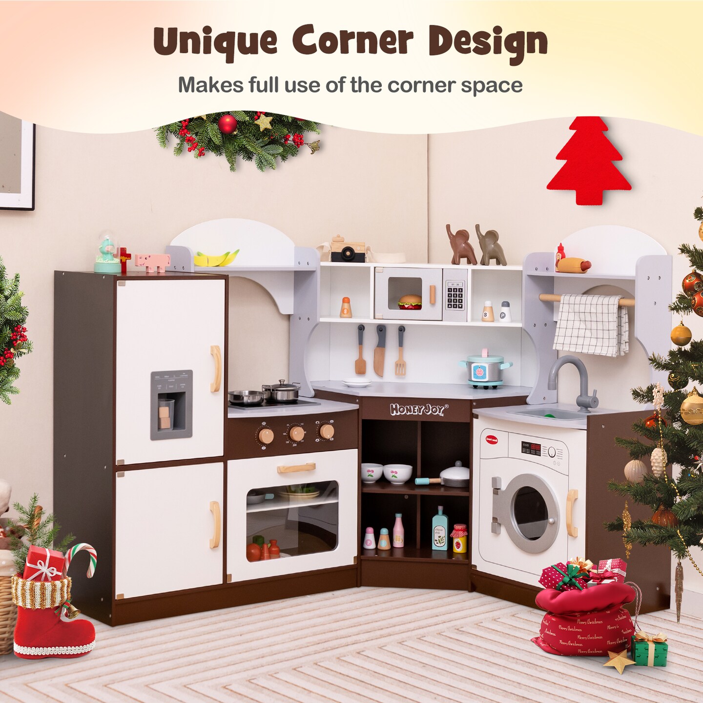 Honeyjoy Corner Play Kitchen with Ice Maker Microwave Oven for Kids 3+ Years Old Wooden Toy