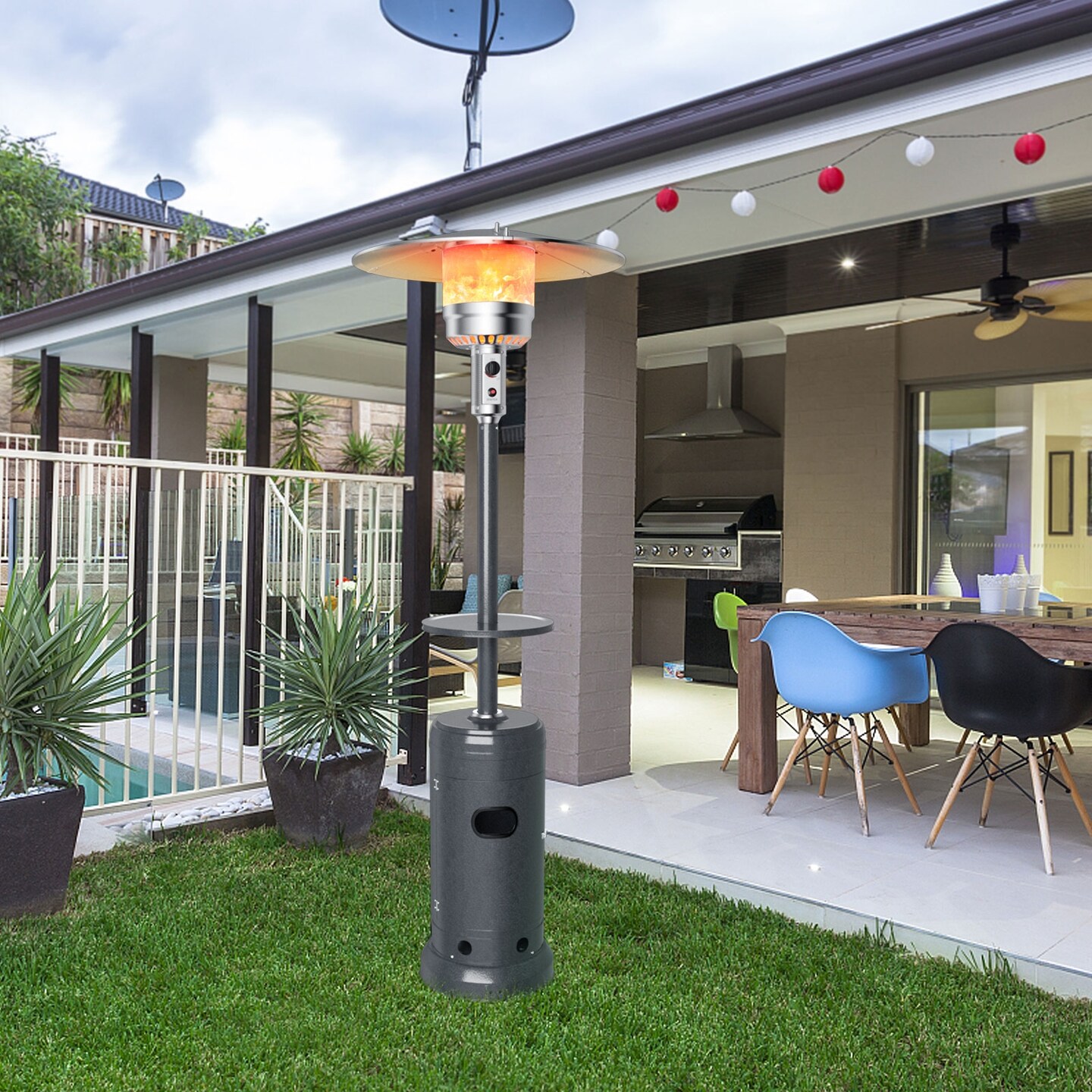 Outdoor Heater Propane Standing LP Gas Steel with Table &#x26; Wheels