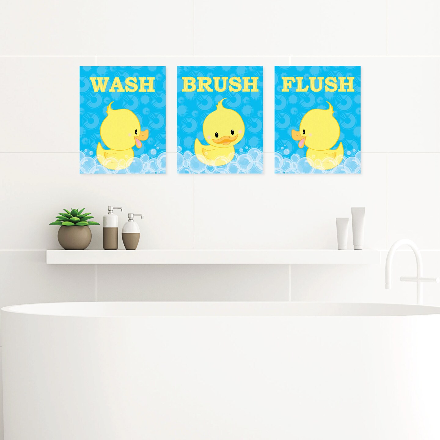 Big Dot of Happiness Ducky Duck - Unframed Wash, Brush, Flush - Bathroom Wall Art - 8 x 10 inches - Set of 3 Prints