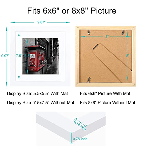 8x8 Picture Frames with 6x6 Opening Mat. 8x8 Square Photo Frame Solid Wood  White