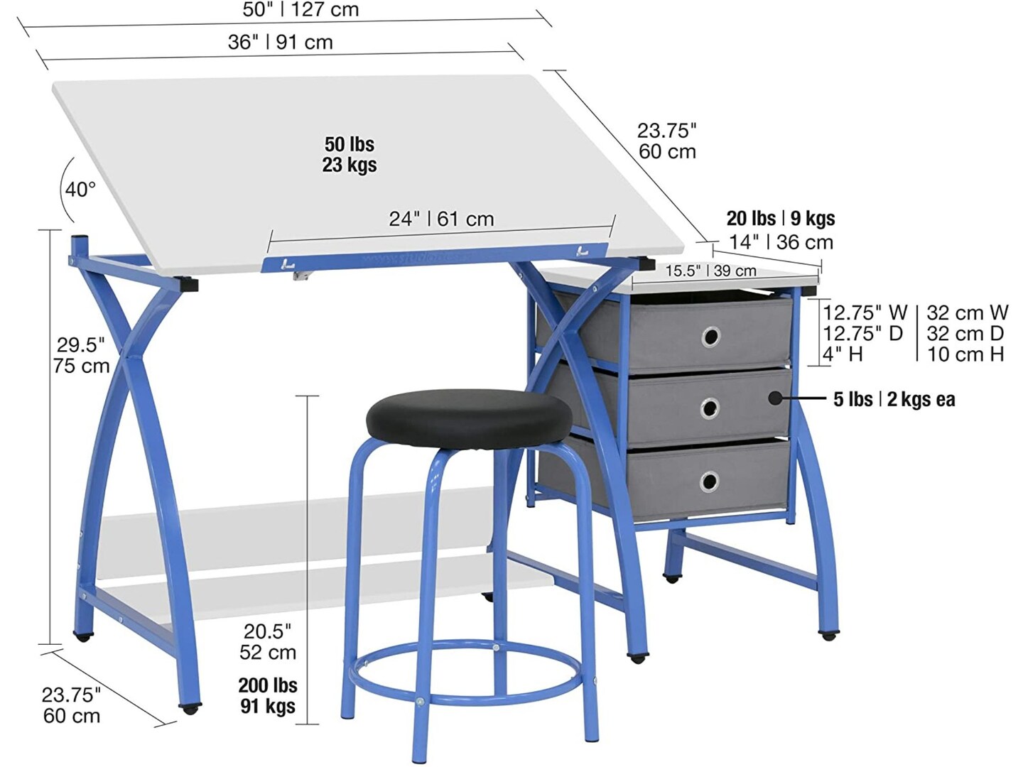 SD STUDIO DESIGNS 2 Piece Venus Craft Table with Angle Adjustable Top and Stool - Blue/White