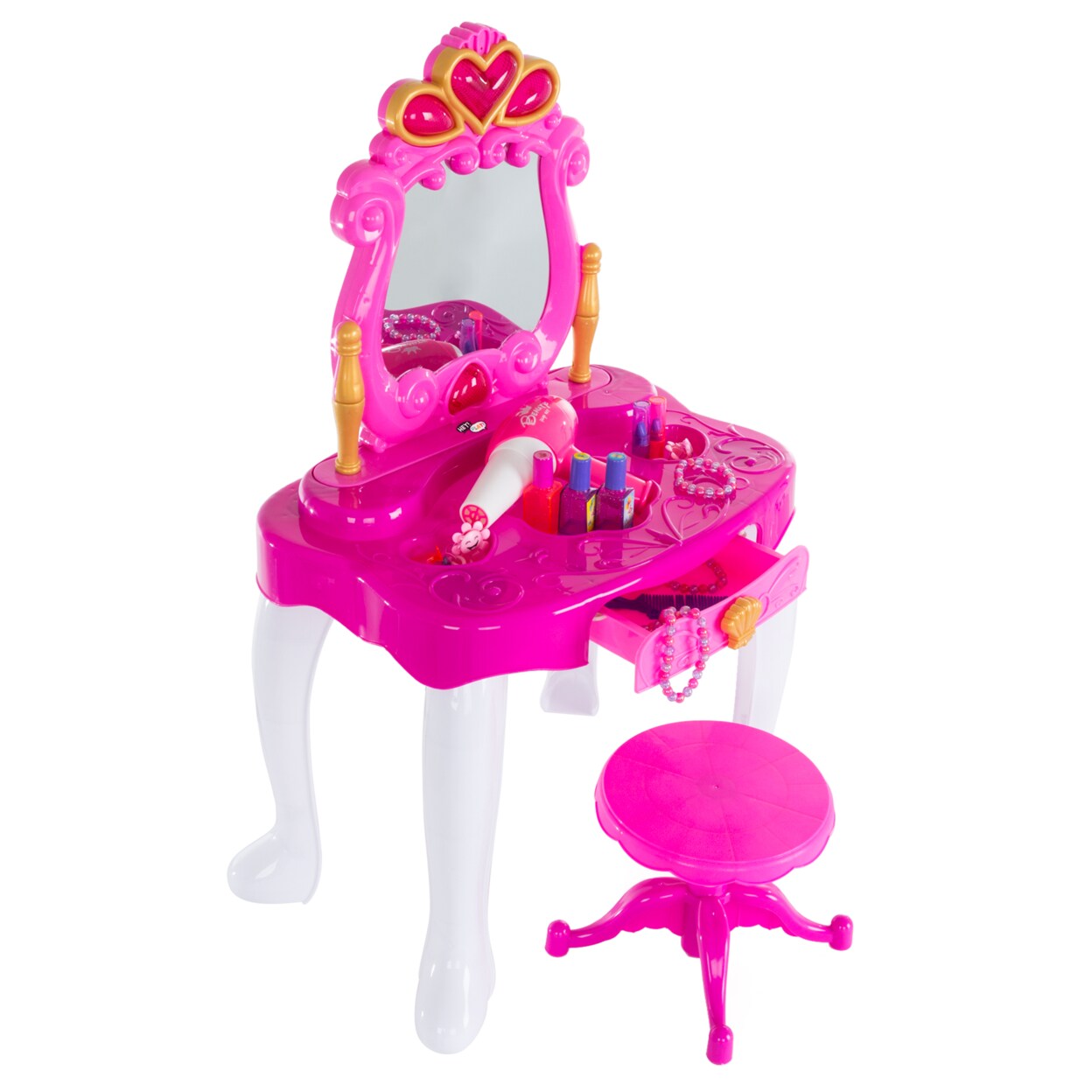 Hey! Play! Pretend Play Princess Vanity with Stool Childrens Make Up Table Mirror with Music and Lights