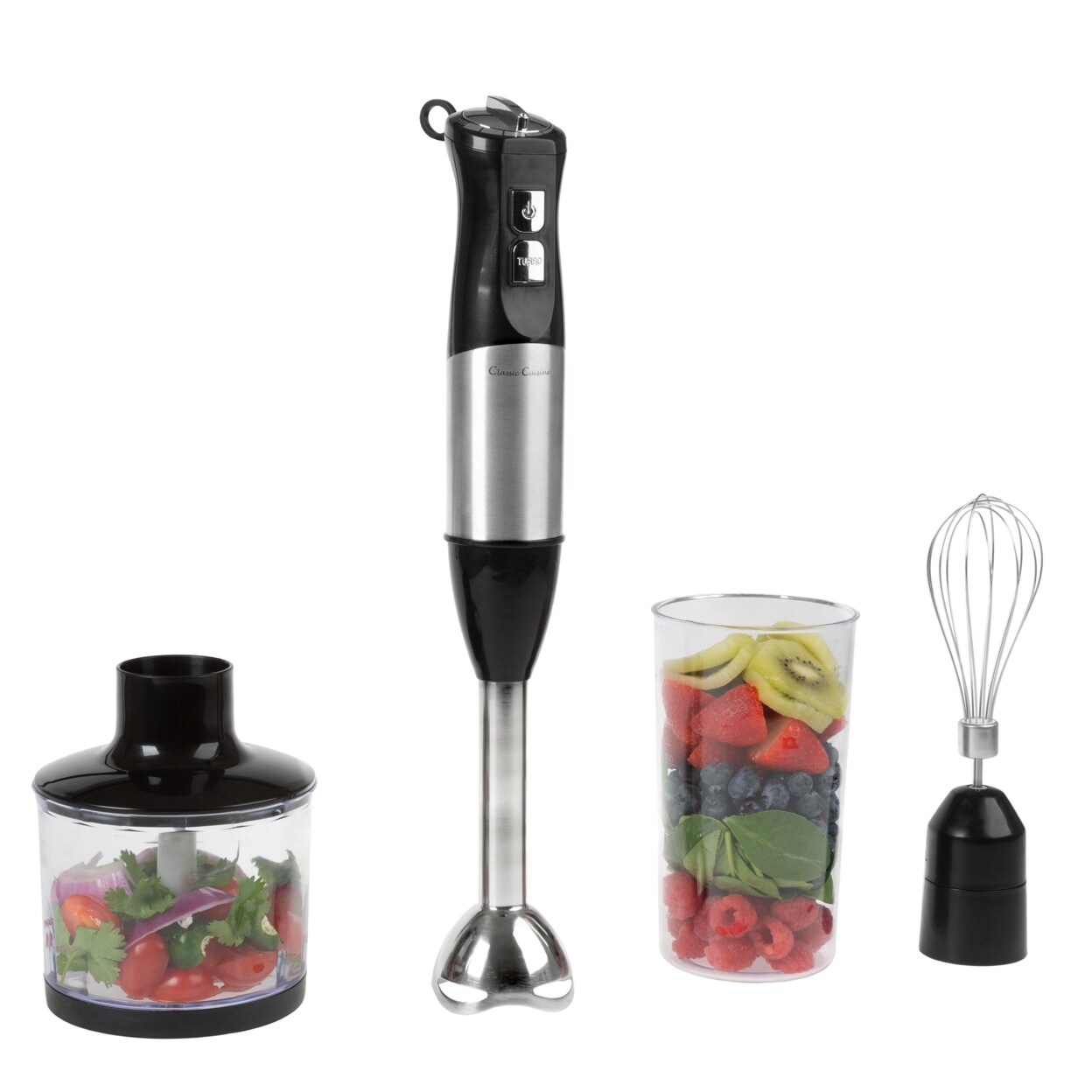 Classic Cuisine 4-In-1 Immersion Blender Set Stainless Steel 6 Speeds Whisk Chopper