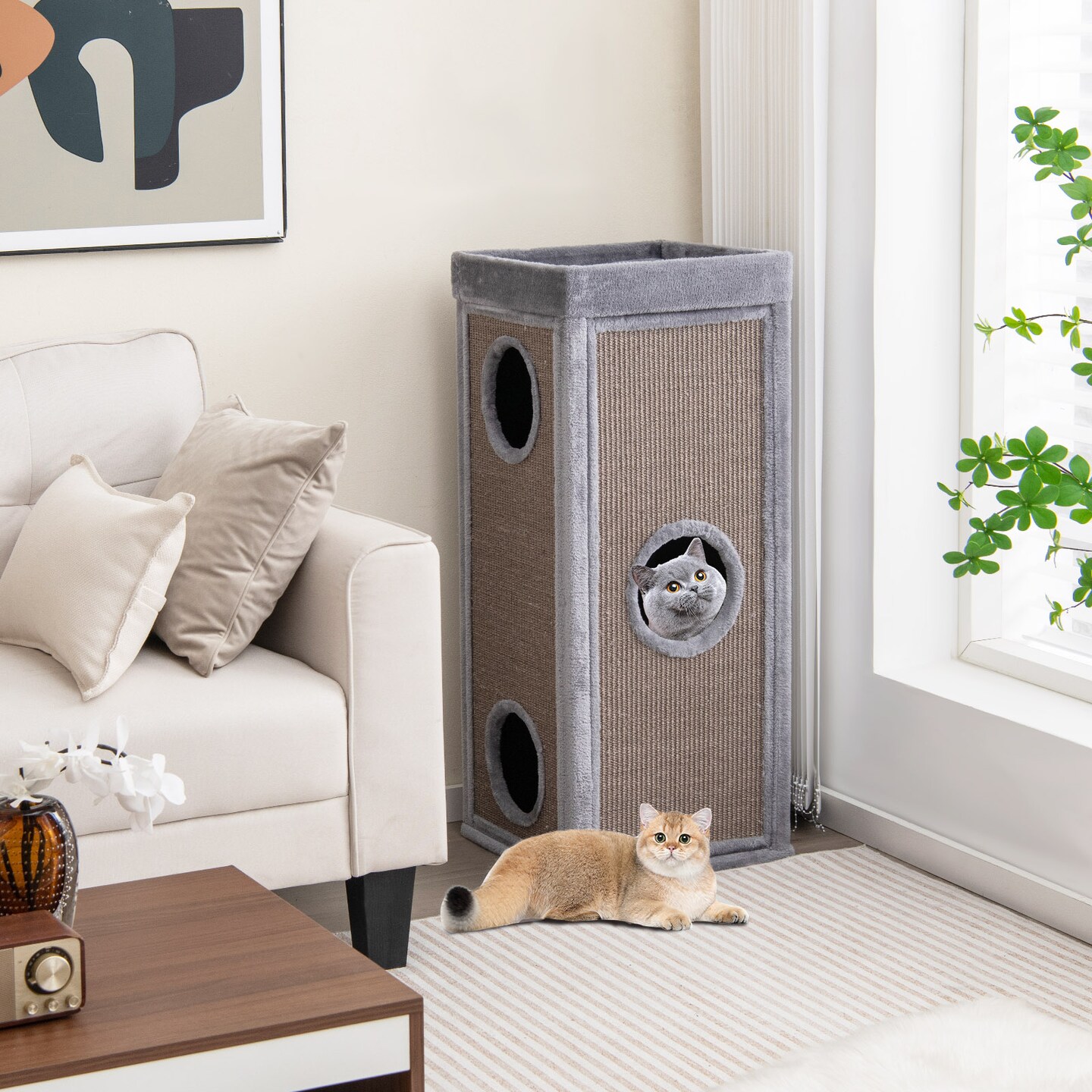 Costway 4-Story Cat House 39'' Cat Condo with Scratching Posts & 4 Soft Plush Cushions Gray/Natural