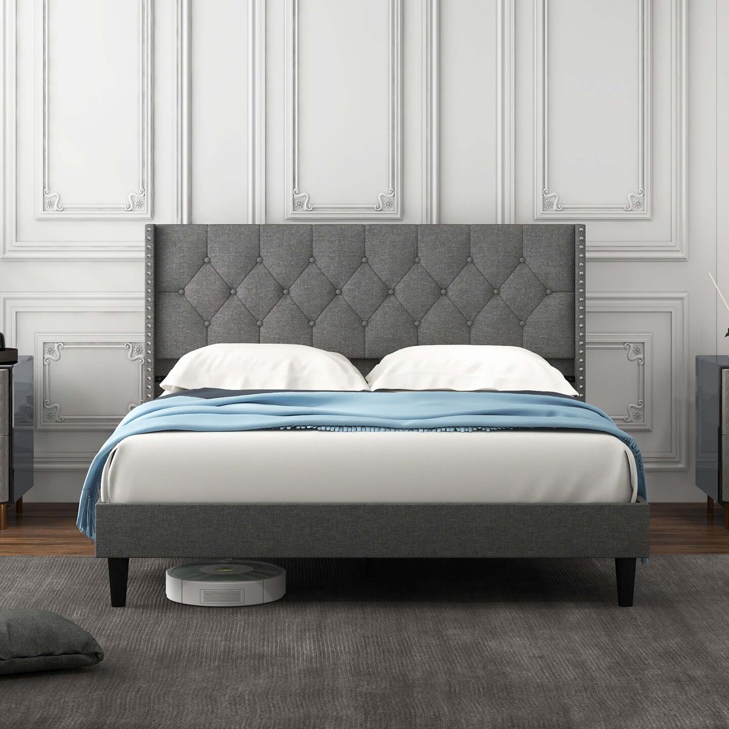 Costway Full/Queen Size Upholstered Platform Bed Button Tufted Headboard Mattress Foundation