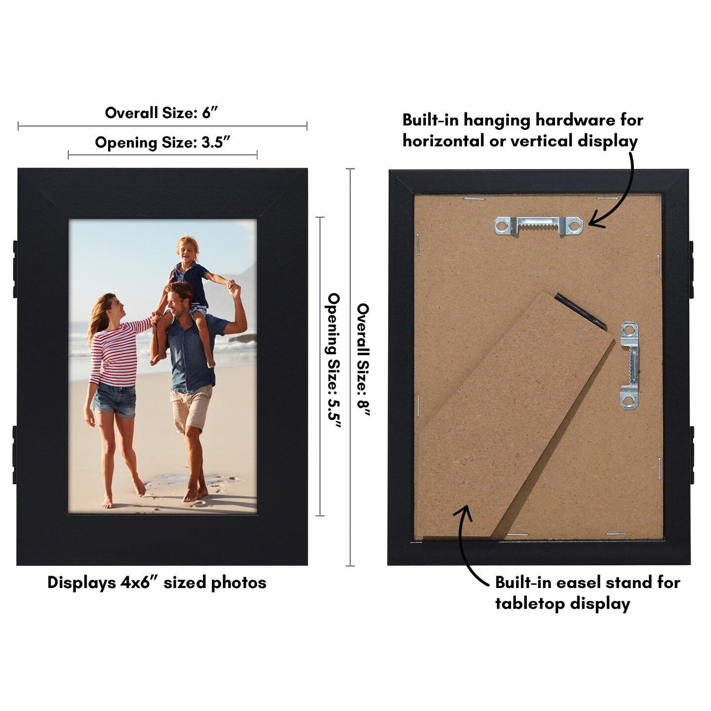 Americanflat Quick-Change Photo Storage Display Frame - Store up to 35 Pictures at Once with Elastic Strap Storage - Shatter Resistant Glass - Hanging Hardware - Includes Easel - Black